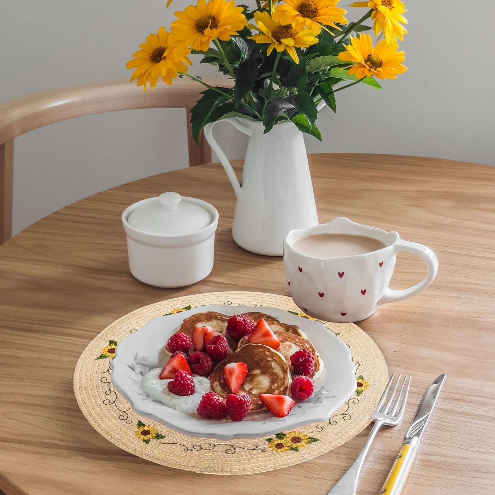 Whaline 4Pcs Round Placemats Pink Bow Embroidered Place Mats Coquette Bow Dinner Table Mats for Home Wedding Baby Shower Birthday Party Decor