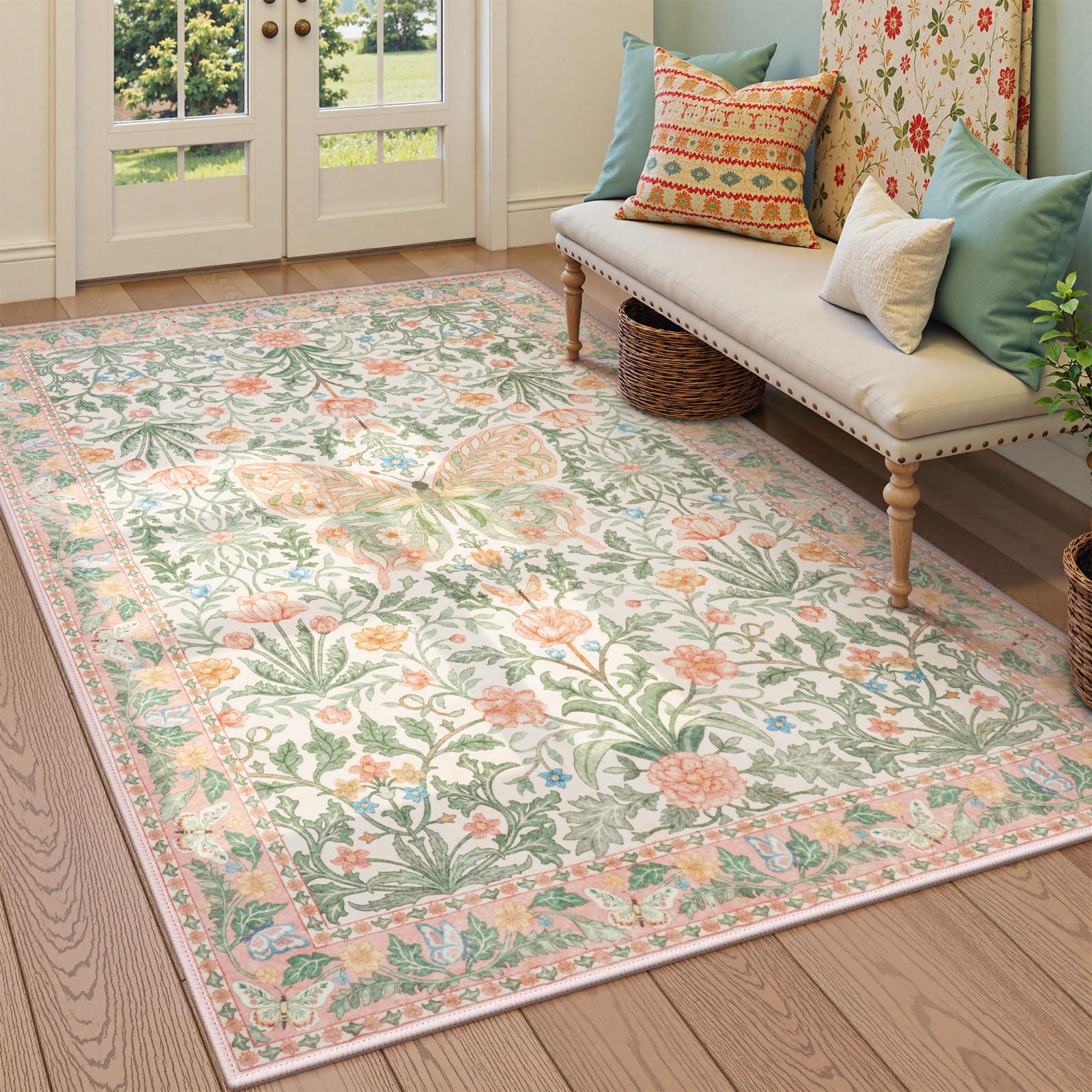 Vintage Floral Rug for Girls Bedroom Washable Non Slip, Soft Ultra Thin Boho Insect Carpet