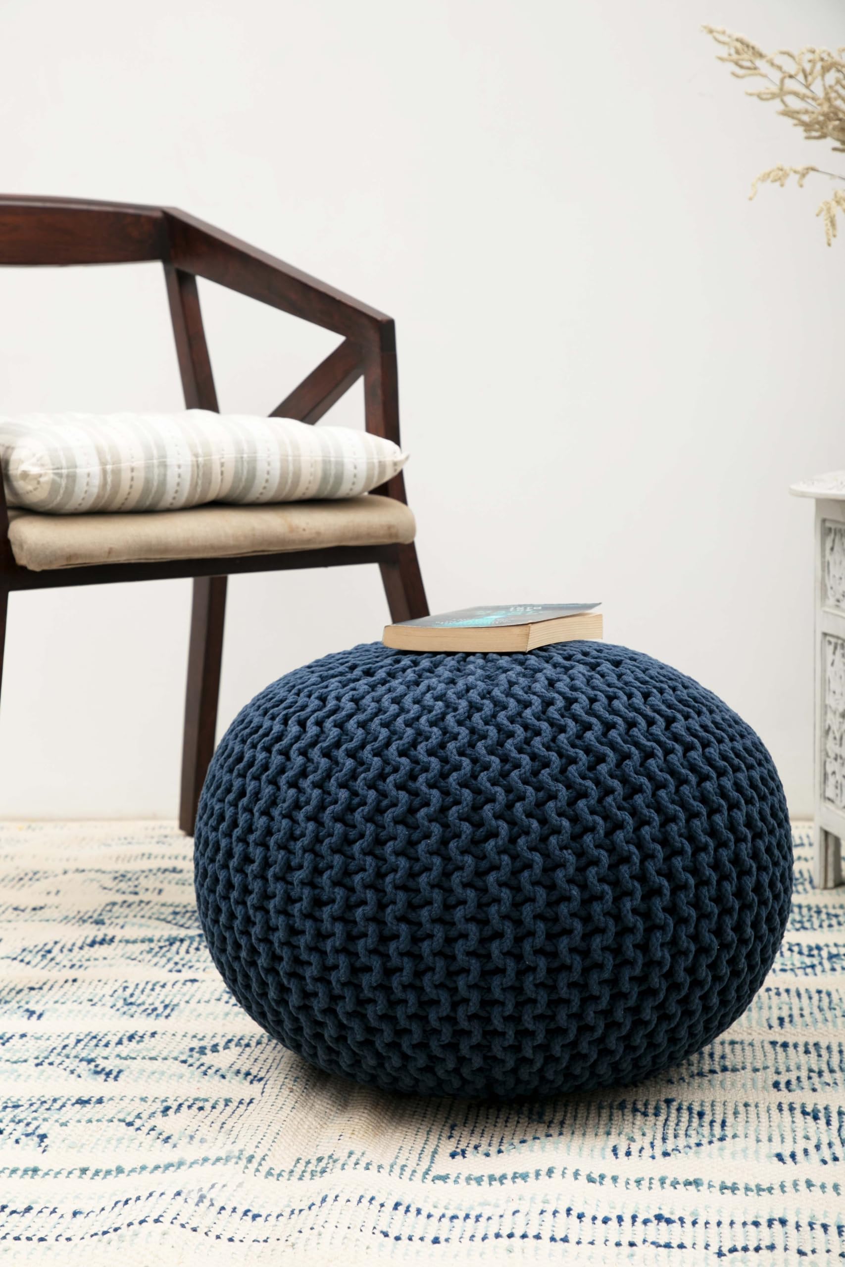 Hand-Knitted Cotton Round Pouf â€?Braid Cord Ottoman, Footrest, and Accent Seat for Living Room, Nursery, Kids Room, or Dorm Décor â€?20x14