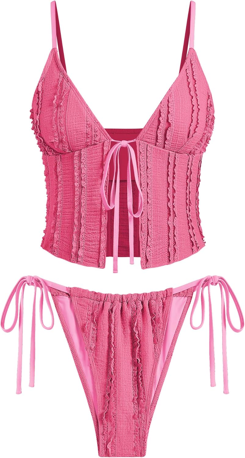 Pink Tankini Swimsuits for Women Smocked Ruffles Tie Front Bowknot Textured High Cut