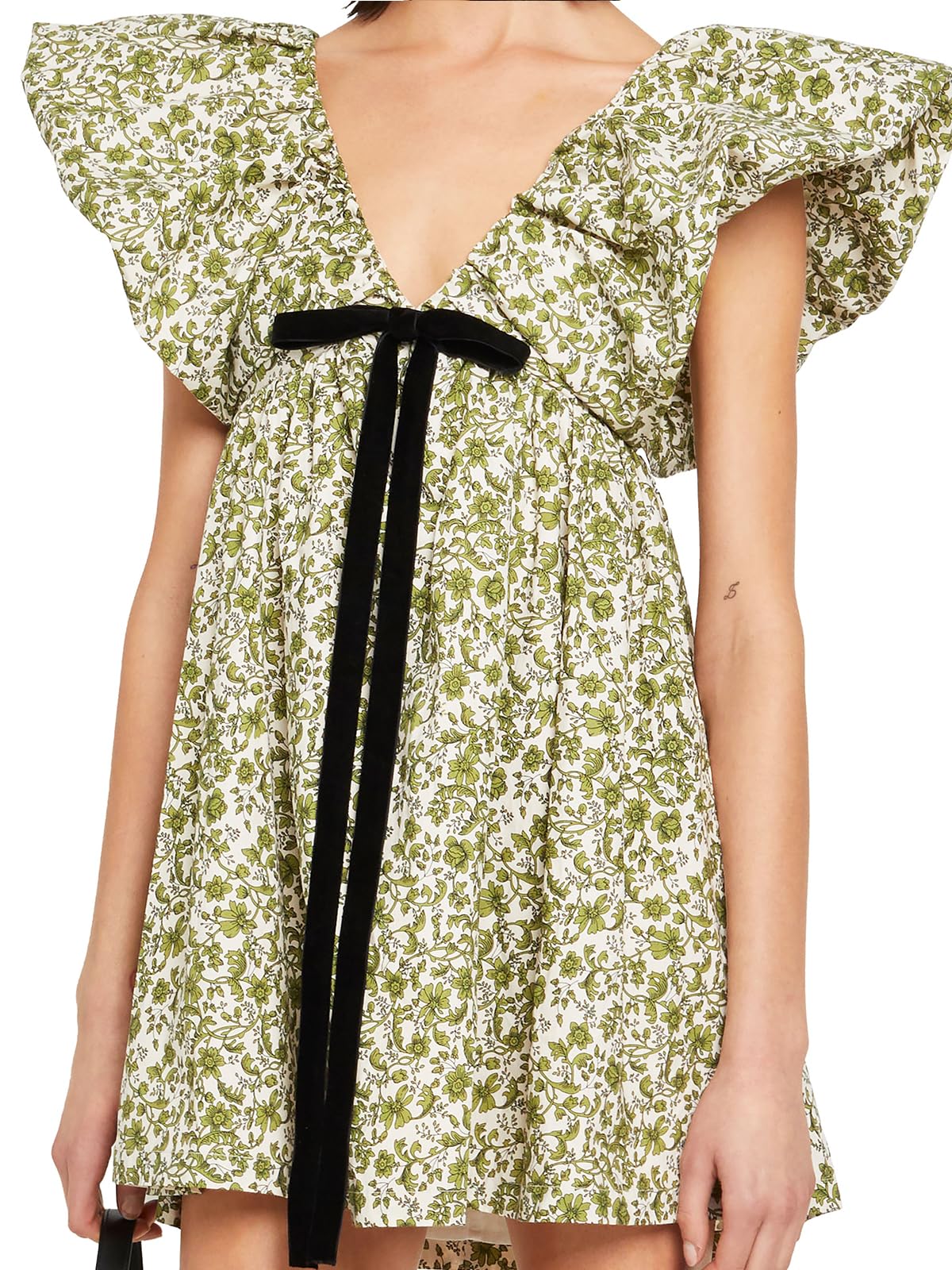 Women's Mini Dress V Neck Puff Sleeve Dress Short Babydoll Bow Dress