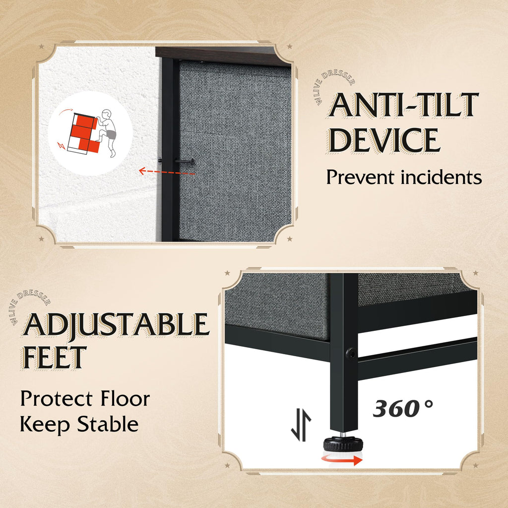 Drawer Fabric 9 Dresser â€?Tall Storage Tower with Bins, Steel Frame, and Wood Top