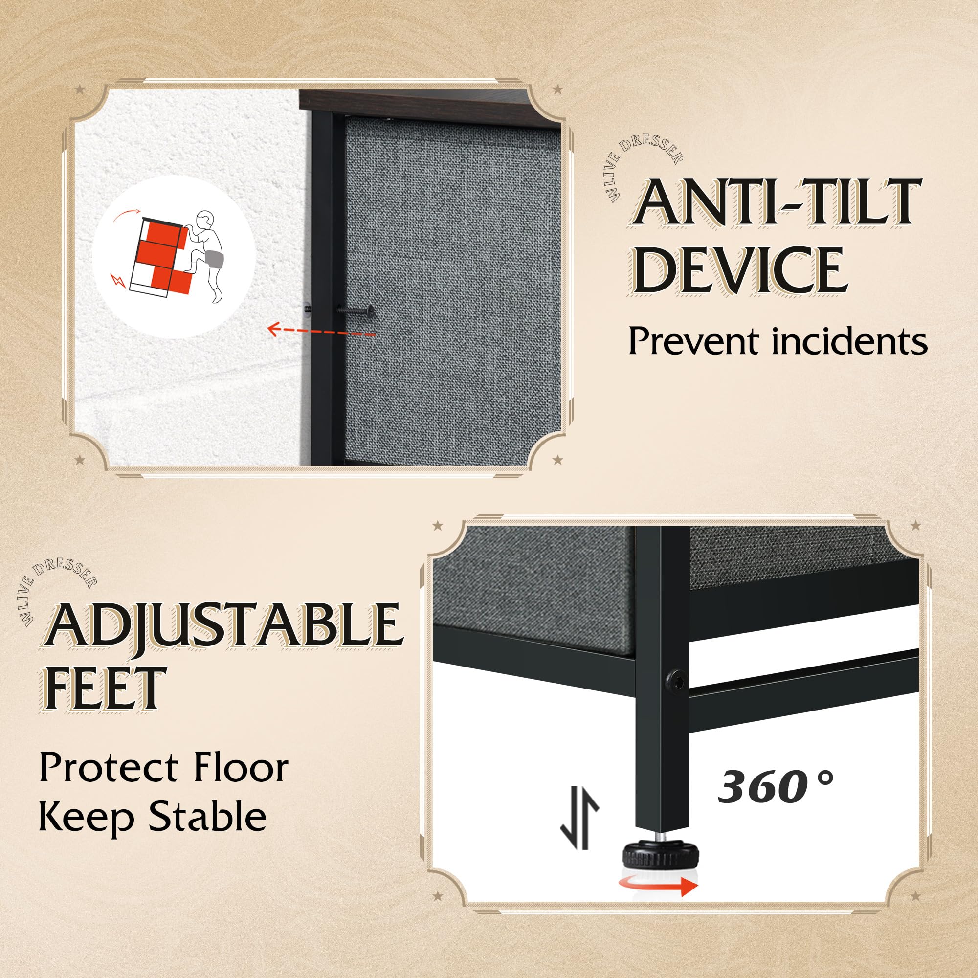 Drawer Fabric 9 Dresser â€?Tall Storage Tower with Bins, Steel Frame, and Wood Top