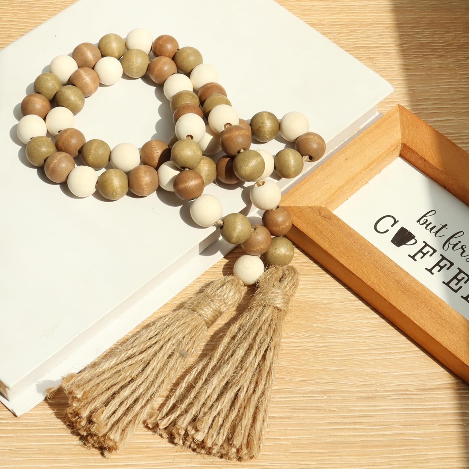 Wood Bead Garland,39in Farmhouse Beads with Tassels Boho Beads for Tiered Tray Decorative Beads Home Decor