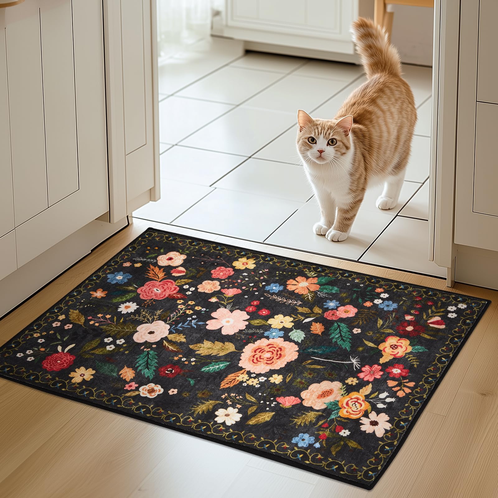 Boho Floral Vintage Rug for Home Washable Rugs Soft Low Pile, Non Slip Non-Shedding