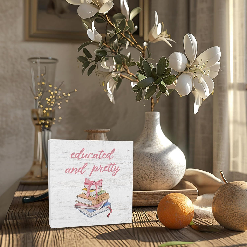Coquette Preppy Pink Bow Books Wooden Box Sign, Book Lover Gifts, Wall Desk Shelf Tabletop Decoration