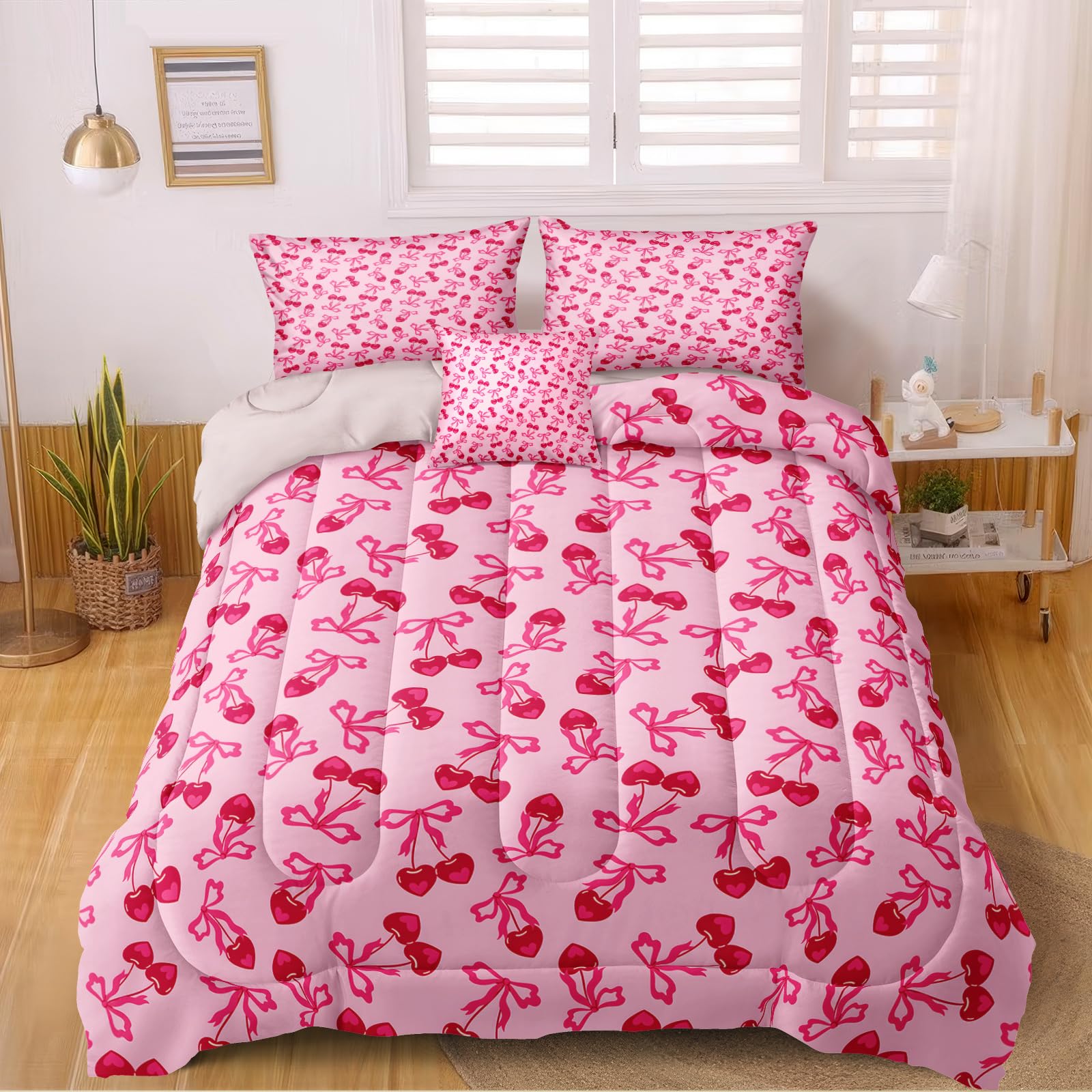 Pink Bowknot Comforter Set 4 Pcs Bow Tie Princess Bedding Blush Red Cherry Bed Quilt