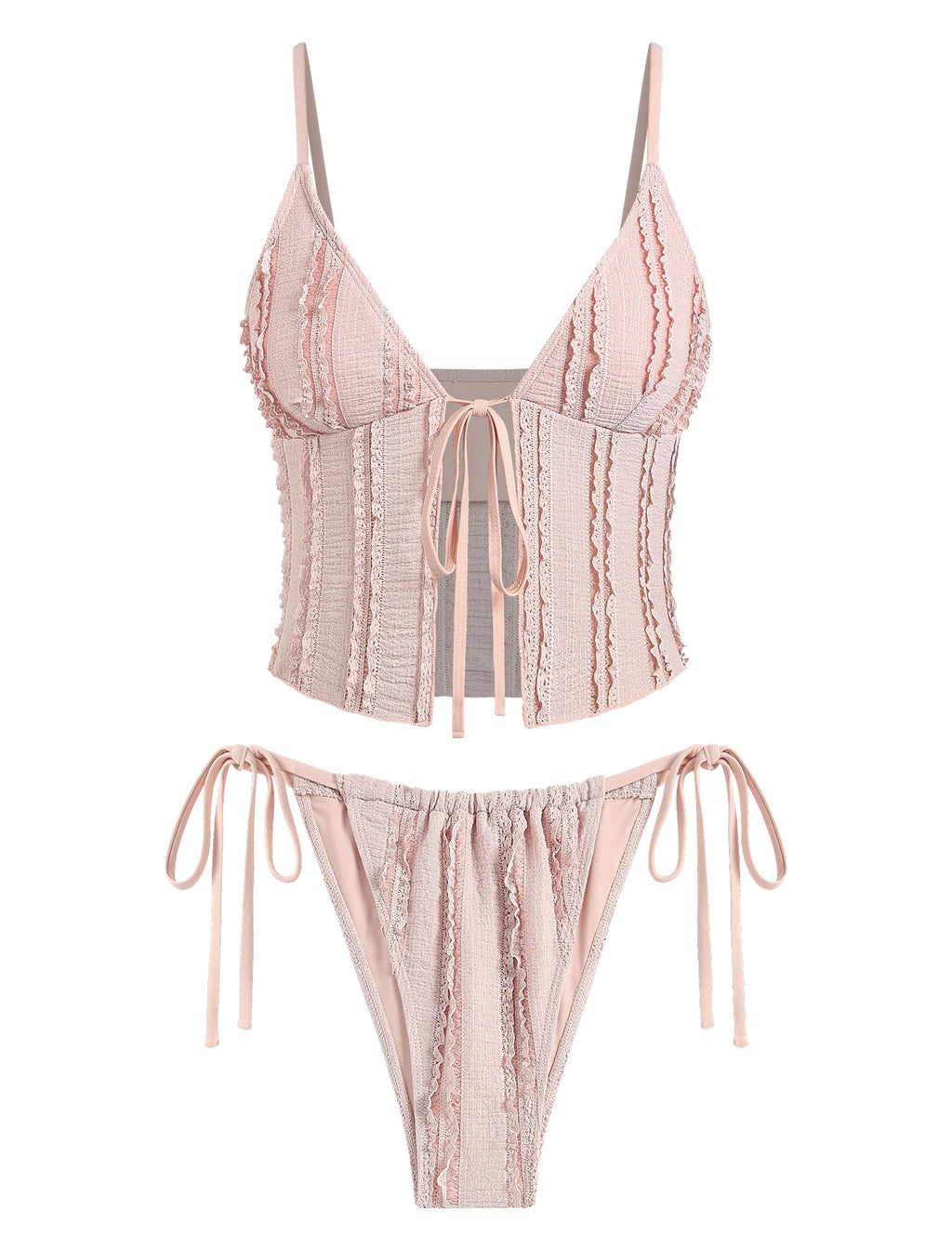 Tankini Swimsuits for Women Smocked Ruffles Tie Front Bowknot Textured High Cut Tanga Tankini Set