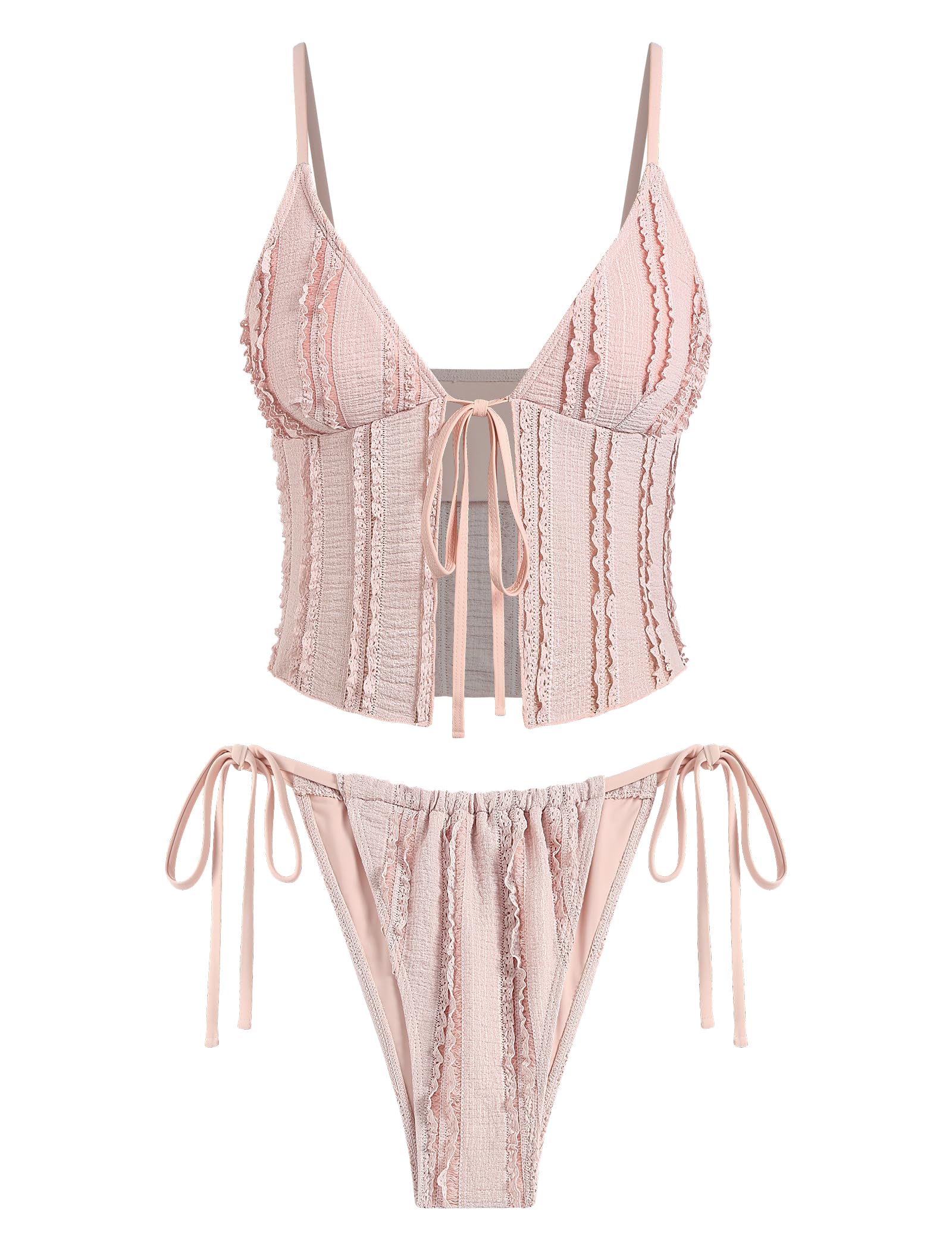 Tankini Swimsuits for Women Smocked Ruffles Tie Front Bowknot Textured High Cut Tanga Tankini Set