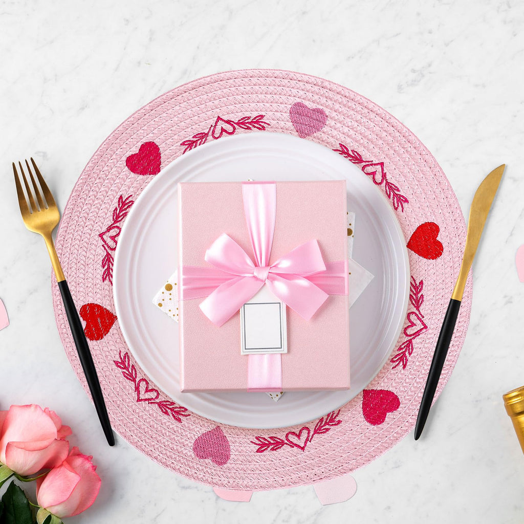 Whaline 4Pcs Round Placemats Pink Bow Embroidered Place Mats Coquette Bow Dinner Table Mats for Home Wedding Baby Shower Birthday Party Decor
