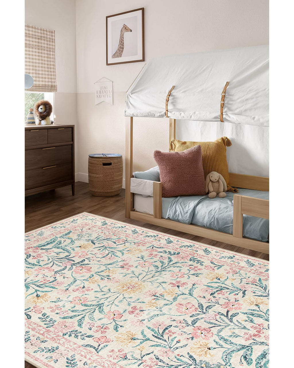 Machine Washable Boho Soft Floral Carpet Non Slip, Indoor Ultra-Thin Floor Carpet for Kid Room Living Room Dorm