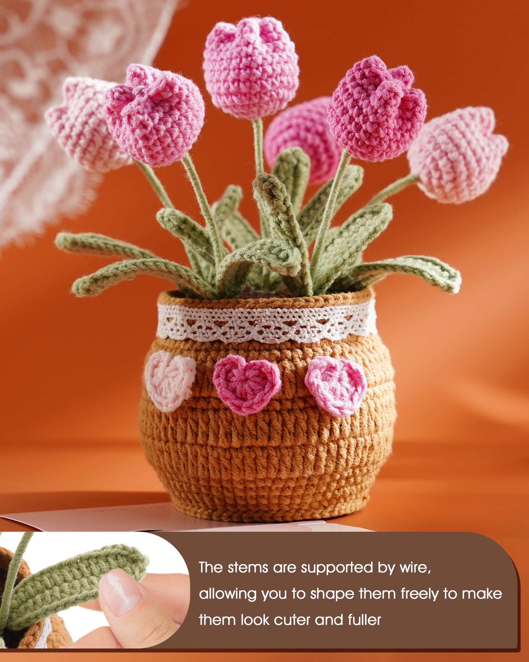 Crochet Tulip Potted Plant - Handmade Cotton Knitted Artificial Flowers, 6 Tulips Pot Plant with Bendable Leaves