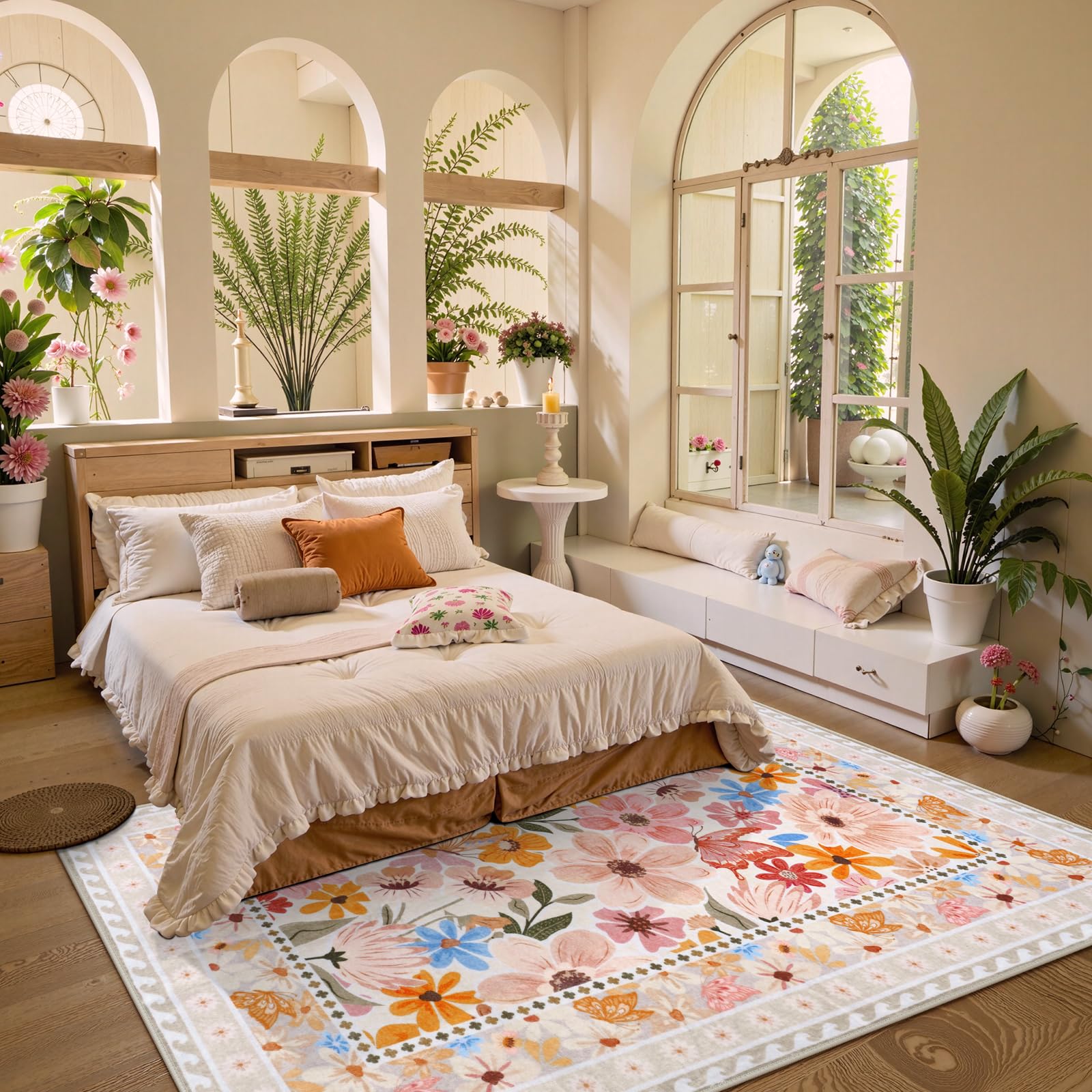 Floral Hallway Runner Rug, Runner Rugs Non Skid Washable, Low Pile Soft Boho Rugs