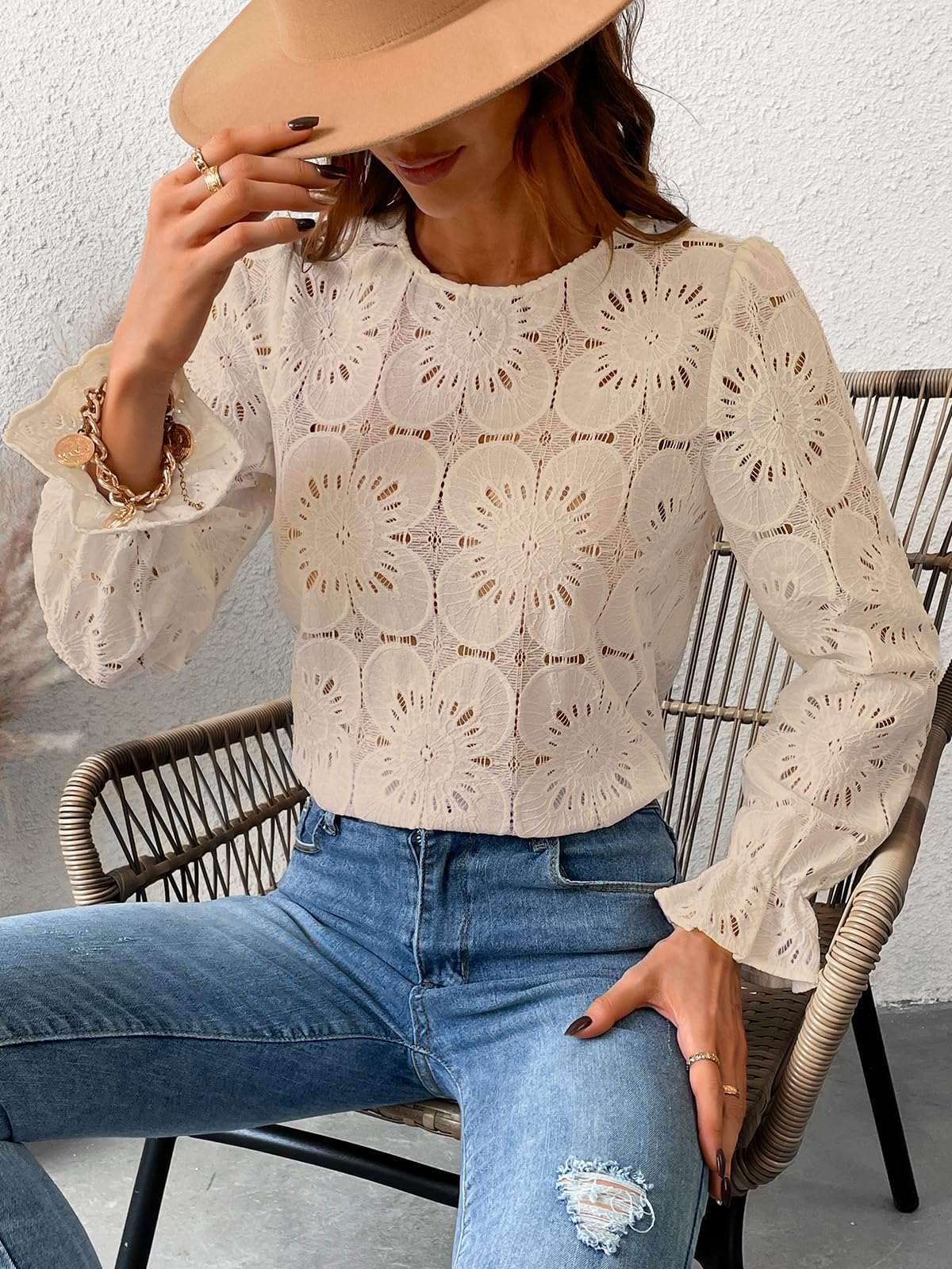 Women Eyelet Long Sleeve - Dressy Hollow Out Crochet Lace Embroidered Blouse