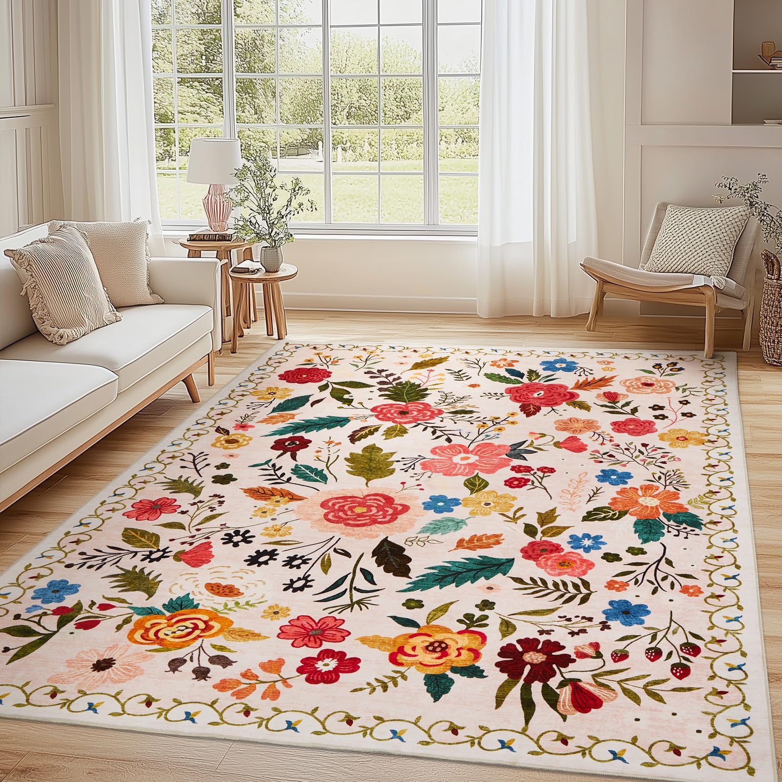 Boho Floral Vintage Rug for Home Washable Rugs Soft Low Pile, Non Slip Non-Shedding