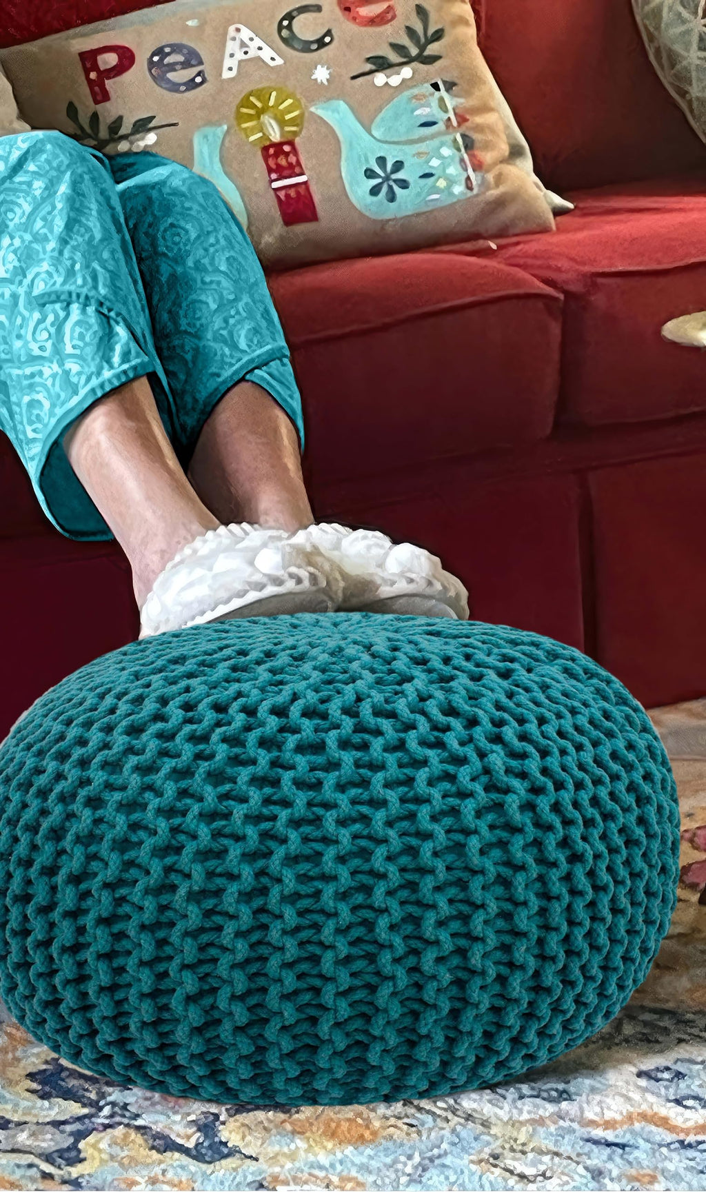 Hand-Knitted Cotton Round Pouf â€?Braid Cord Ottoman, Footrest, and Accent Seat for Living Room, Nursery, Kids Room, or Dorm Décor â€?20x14