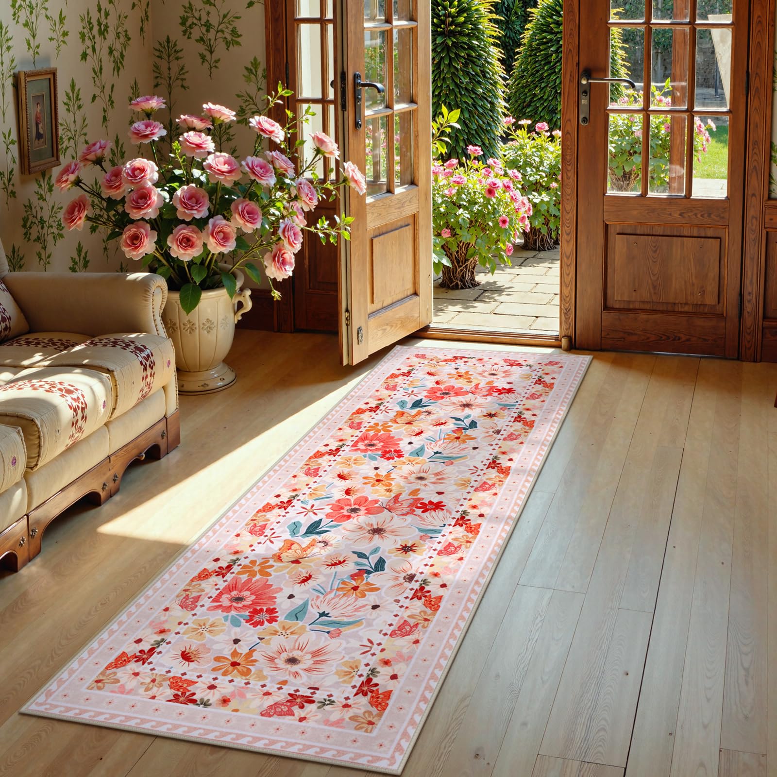Floral Hallway Runner Rug, Runner Rugs Non Skid Washable, Low Pile Soft Boho Rugs