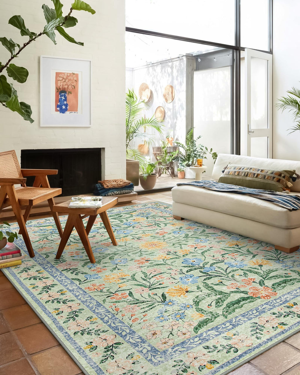 Machine Washable Boho Soft Floral Carpet Non Slip, Indoor Ultra-Thin Floor Carpet for Kid Room Living Room Dorm