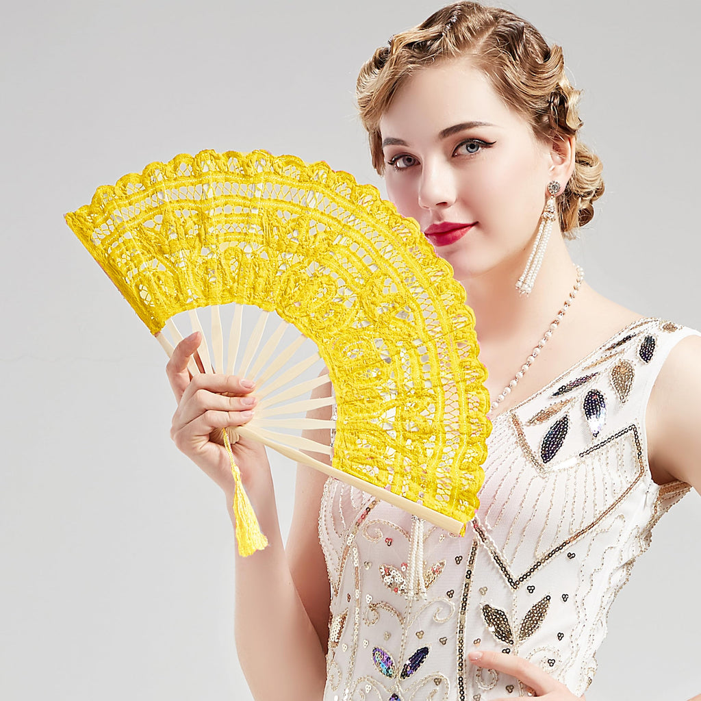 Cotton Lace Folding Handheld Fan Embroidered Hand Fan with Bamboo Staves