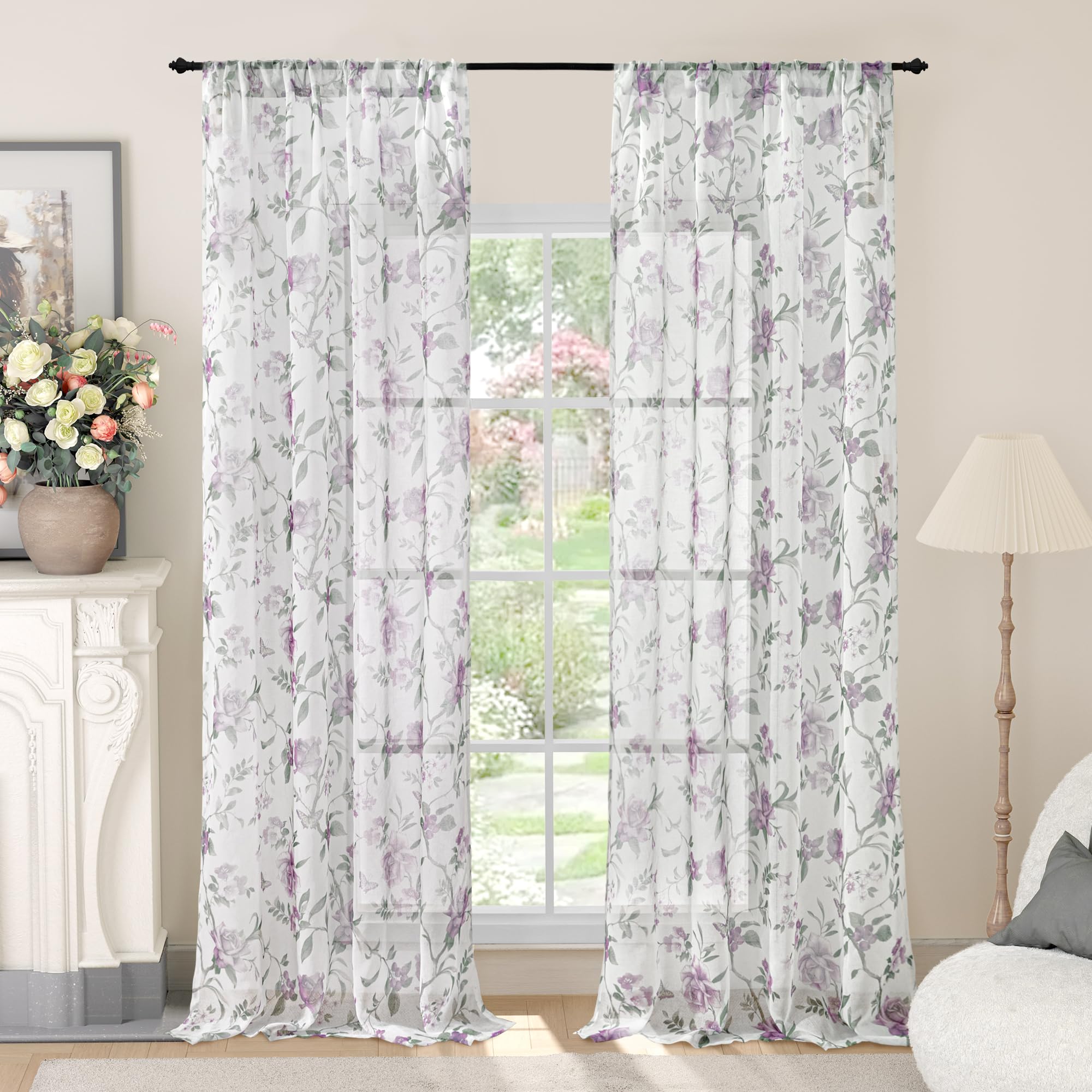 Floral Sheer Curtains, Vintage Light Filtering Semi-Sheer Linen Curtains