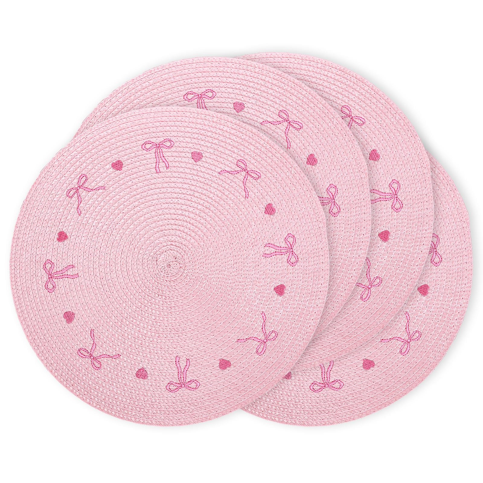 Whaline 4Pcs Round Placemats Pink Bow Embroidered Place Mats Coquette Bow Dinner Table Mats for Home Wedding Baby Shower Birthday Party Decor