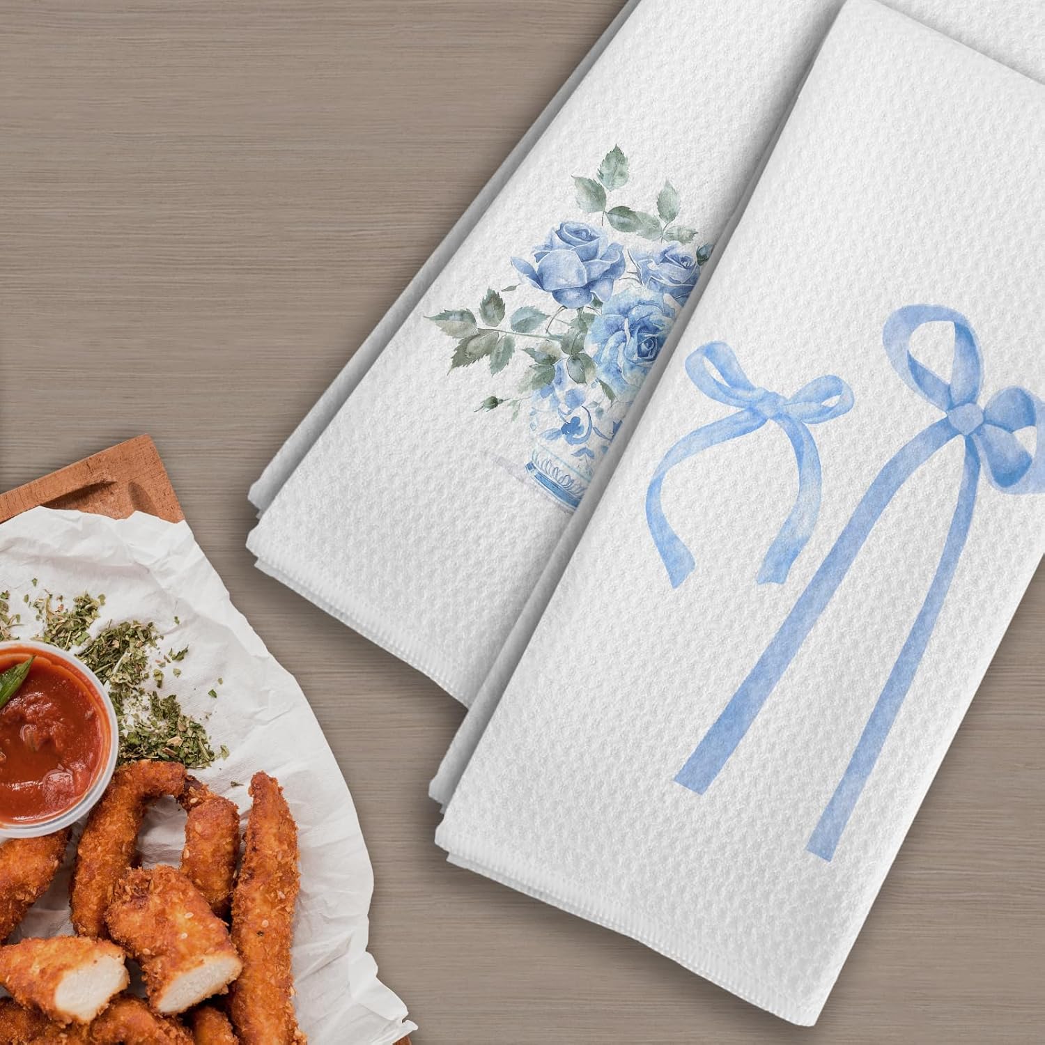 Preppy Blue Bow Floral Kitchen Towels, Bow Decor, 16x24in