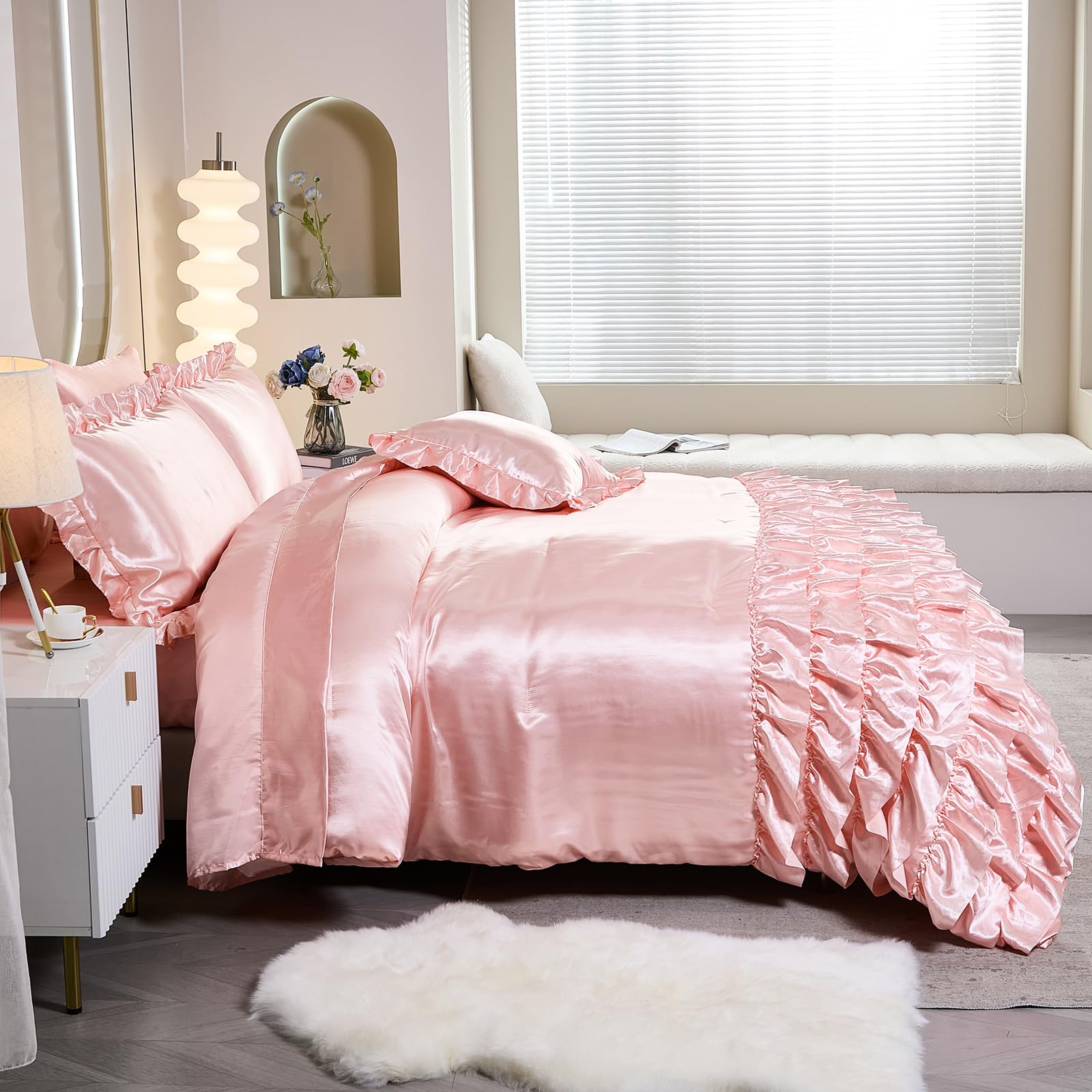 Ruffle Comforter Set 8 Pieces Satin Comforter Set with Sheet Set - Waterfall Ruffle Design Luxurious Silky Comforter Set