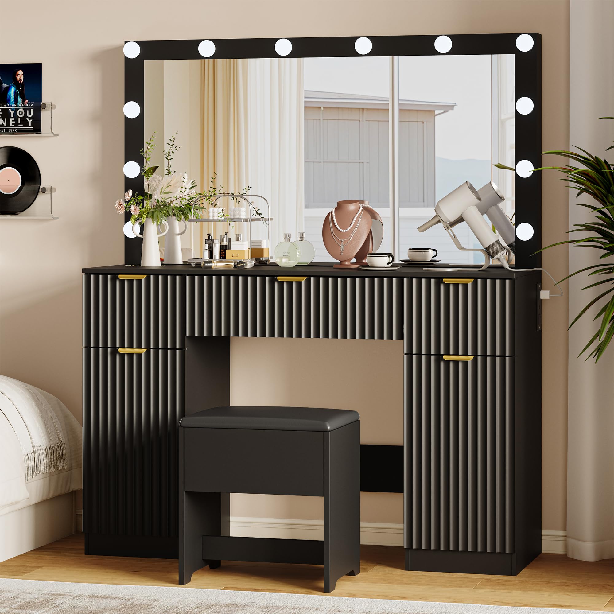 Makeup Vanity Desk with Mirror, Fluted Panel, Large LED Mirror, 3 Lighting Modes & Adjustable Brightness, Charging Station, Dressing Table with Stool