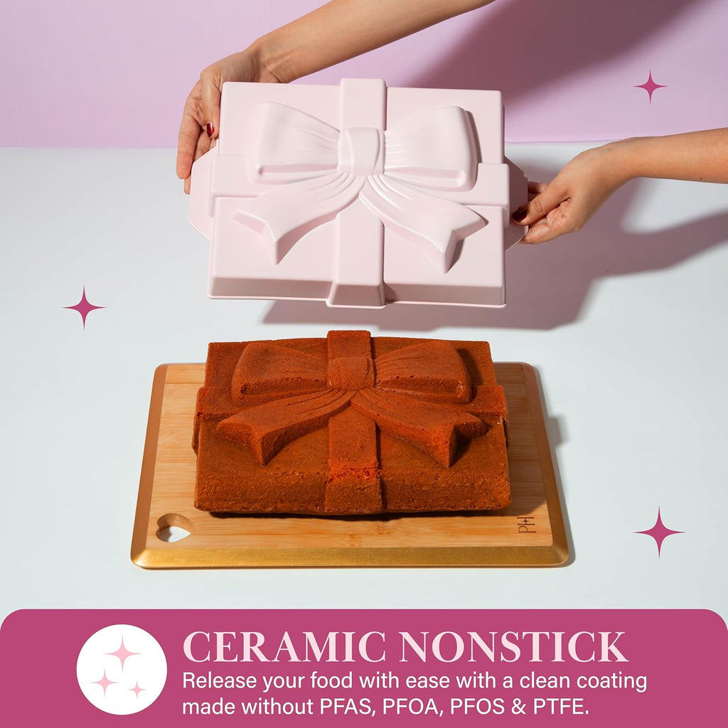 Paris Hilton Gift Box with Bow Cake Pan, Cast Aluminum with Clean Ceramic Nonstick Bakeware, 10.5 x 8-Inch Pink