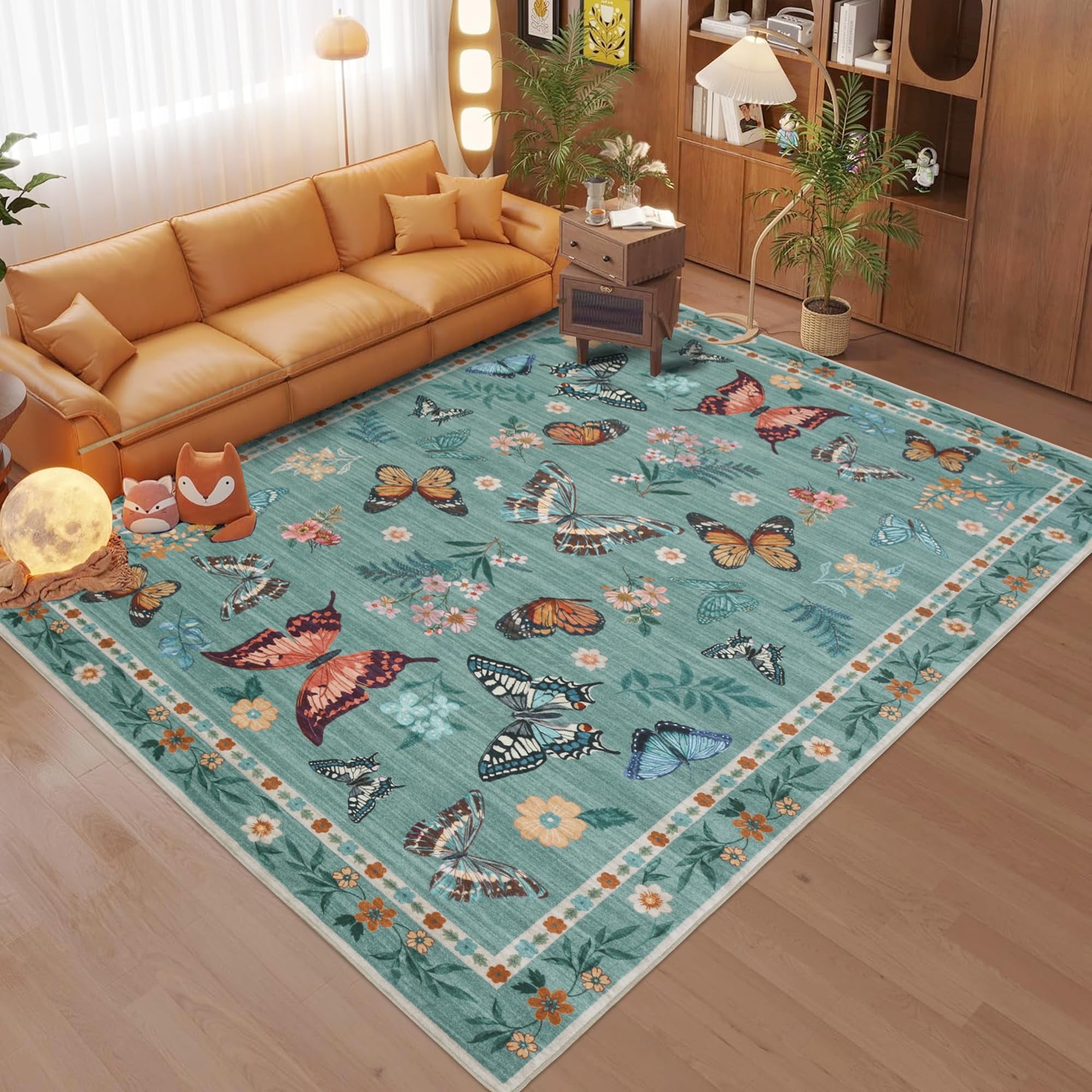 Insect Floral Area Rug, Machine Washable Area Rug Non-Slip Low Pile Large Bedroom Rug Stain Resistant Throw Rug Carpet