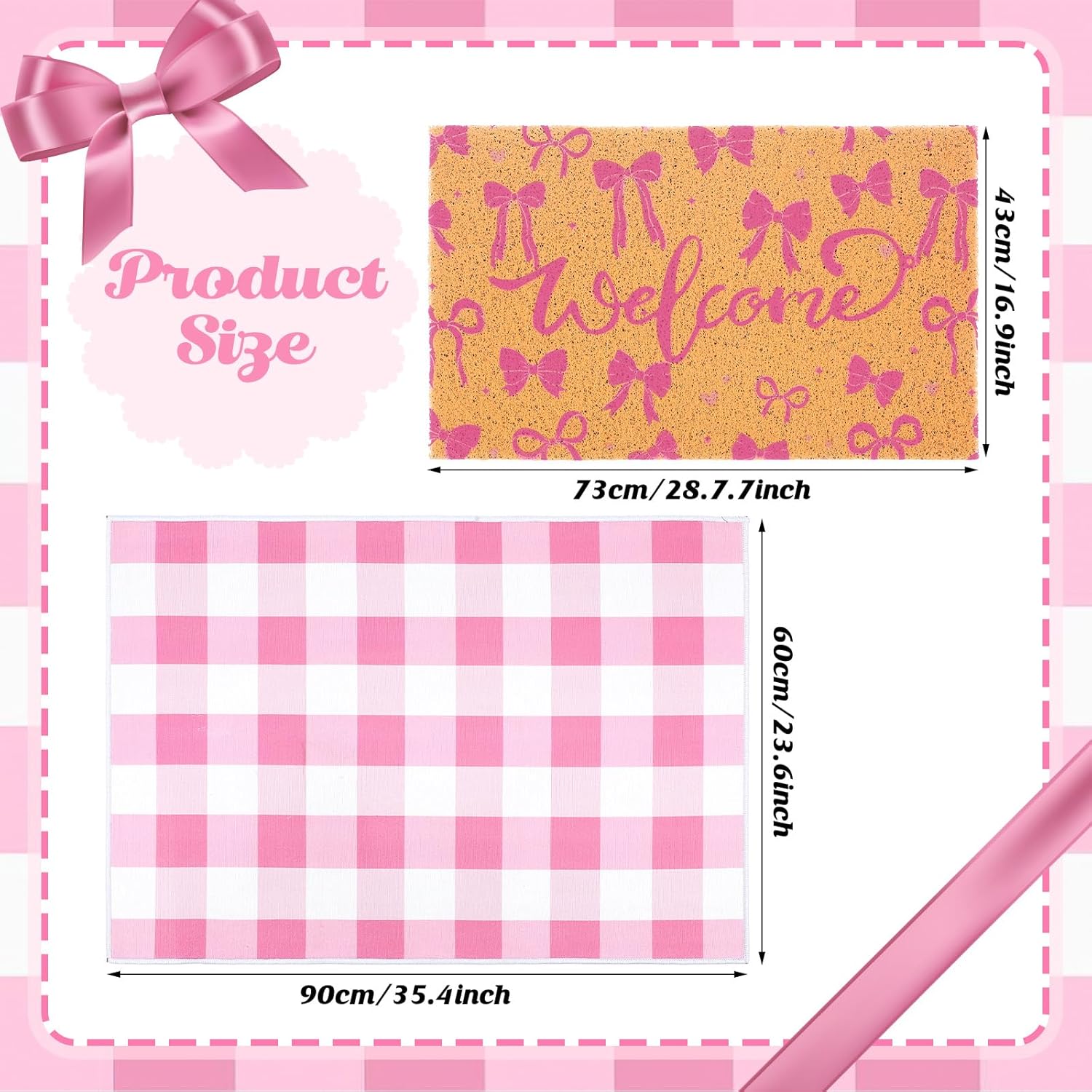 Pink Coquette Bow Door Mat Pink White Checkered Welcome Mat Watercolor Floor Rugs Bow Printed Doormat 2 Pcs