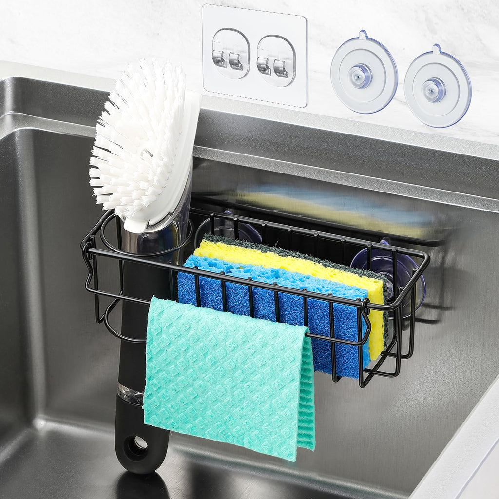 Sponge Holder for Kitchen Sink with Suction Cups & Adhesive Hook, In-sink Sponge Holder, Wall Hanging Sink Caddy Organizer Rack 3-In-1