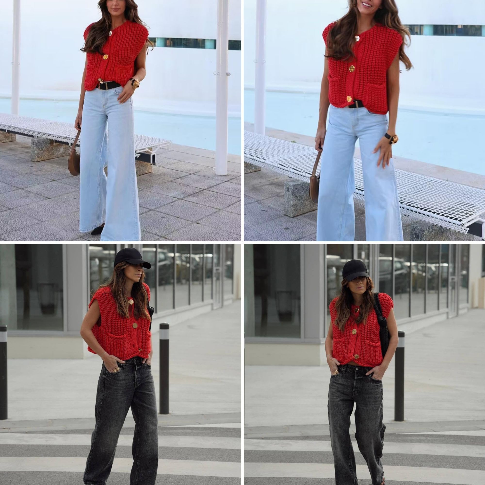 Women's Cropped Sweater Vest Cute Crewneck Button Down Sleeveless Crop Knit Cardigan with Pocket