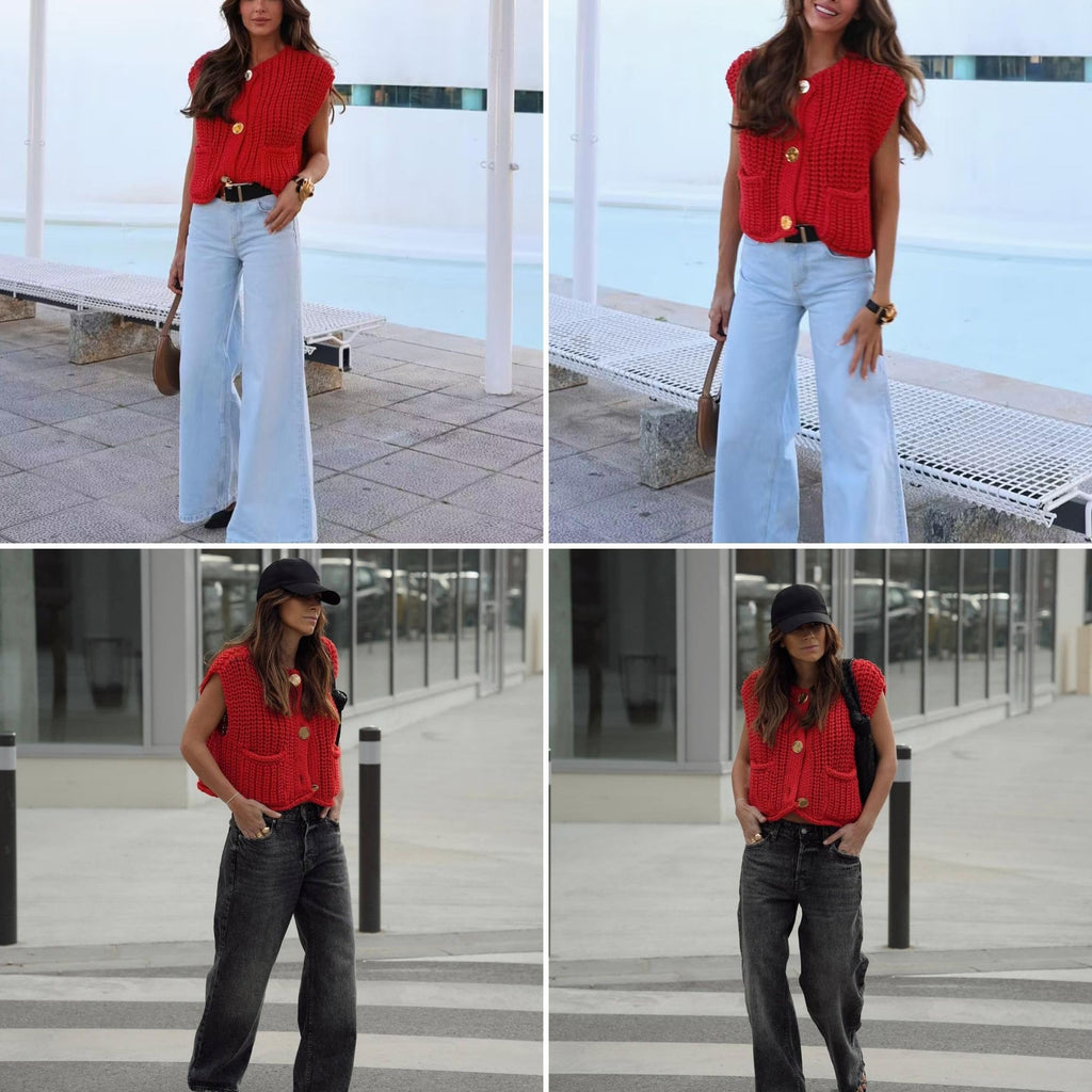 Women's Cropped Sweater Vest Cute Crewneck Button Down Sleeveless Crop Knit Cardigan with Pocket