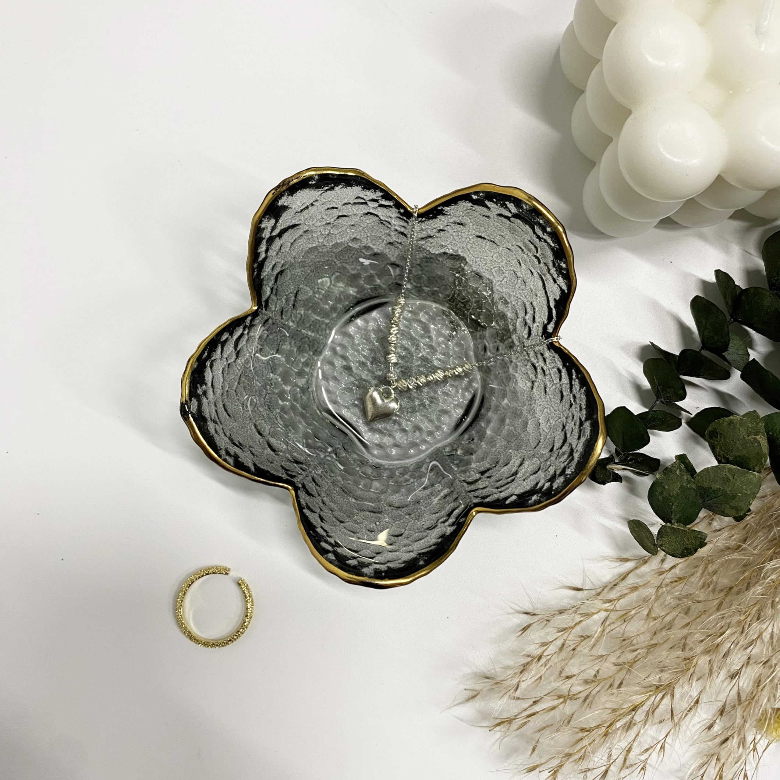 Flower Ring Dish Jewelry Tray, Decorative Glass Trinket Dish, Modern Accent Tray for Vanity Home Décor