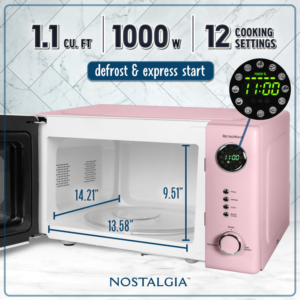 Nostalgia Retro Compact Countertop Microwave Oven 0.7 Cu. Ft. -700-Watts with LED Digital Display-Child Lock-Easy Clean Interior-Pink