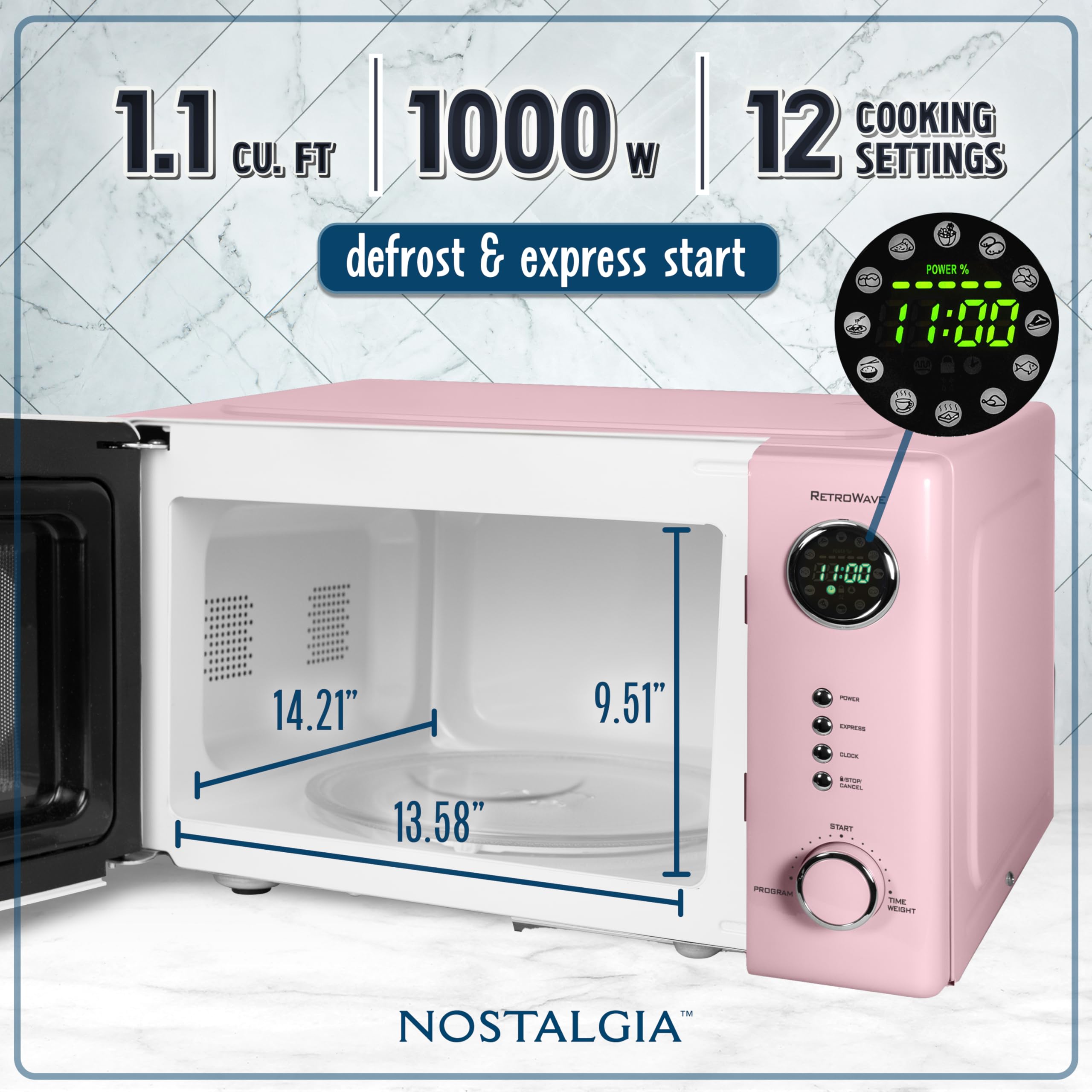 Nostalgia Retro Compact Countertop Microwave Oven 0.7 Cu. Ft. -700-Watts with LED Digital Display-Child Lock-Easy Clean Interior-Pink