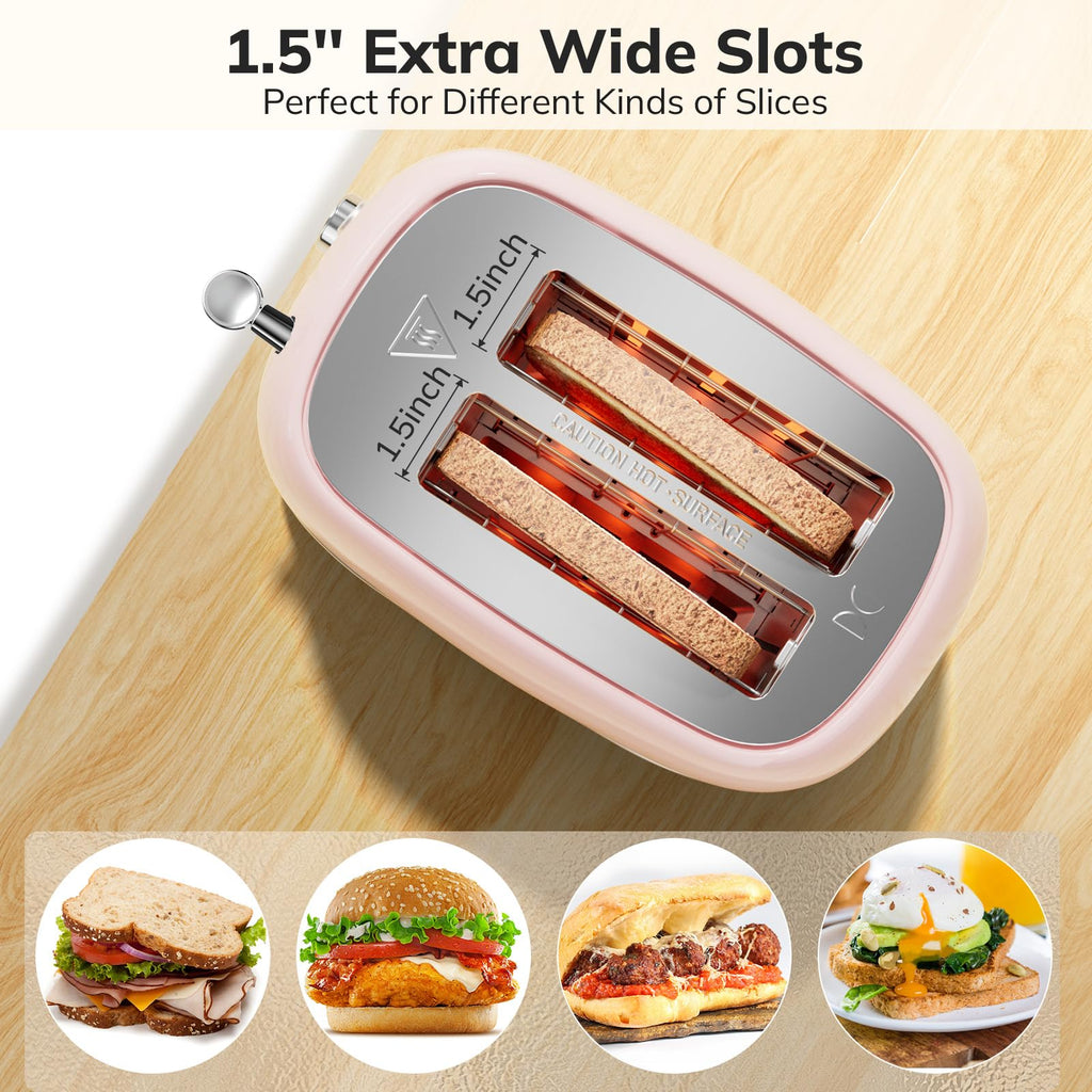 Toaster 2 Slice Stainless Steel with 6 Bread Shade Settings, Retro Toaster with Extra Wide Slot