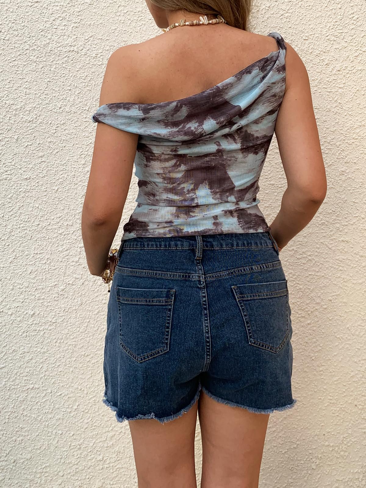 Women's Off The Shoulder Top Sleeveless Twist Strap Slim Fit Tie-Dyed Stretchy Tank Top Y2K Casual T Shirts