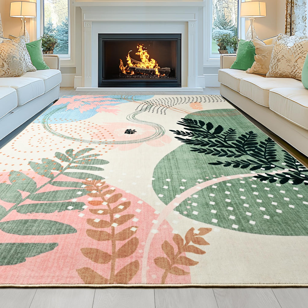 Faux Wool Boho Floral Area Rug Abstract Print Soft Carpet, TPR Non-Slip Backing, Machine Washable Low Pile Rug