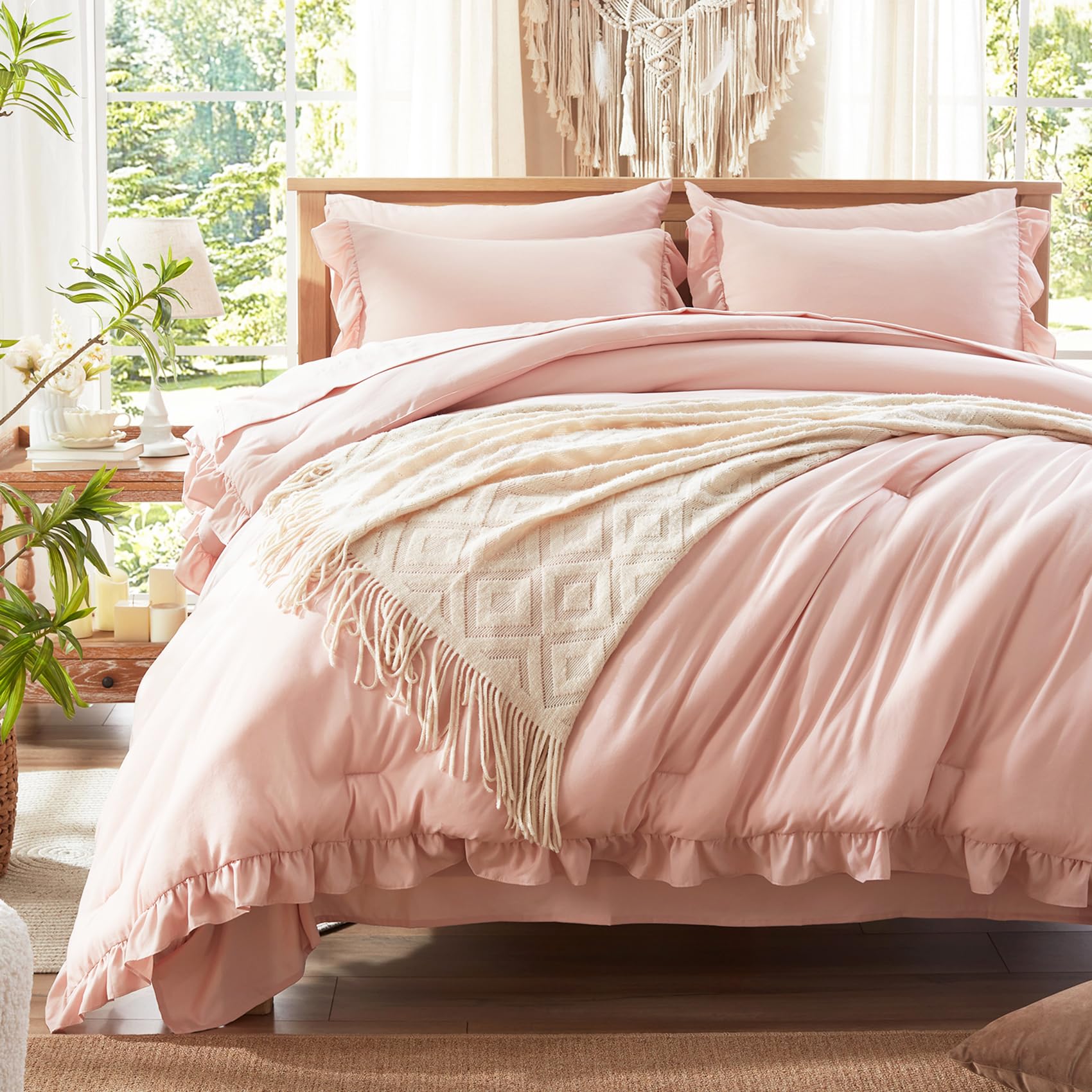 Comforter Set 7 Piece, Bed in a Bag with Sheets, All Season Ruffle Shabby Chic Bedding Sets with 1 Comforter, 2 Pillow Shams, 2 Pillowcases, 1 Flat Sheet, 1 Fitted Sheet
