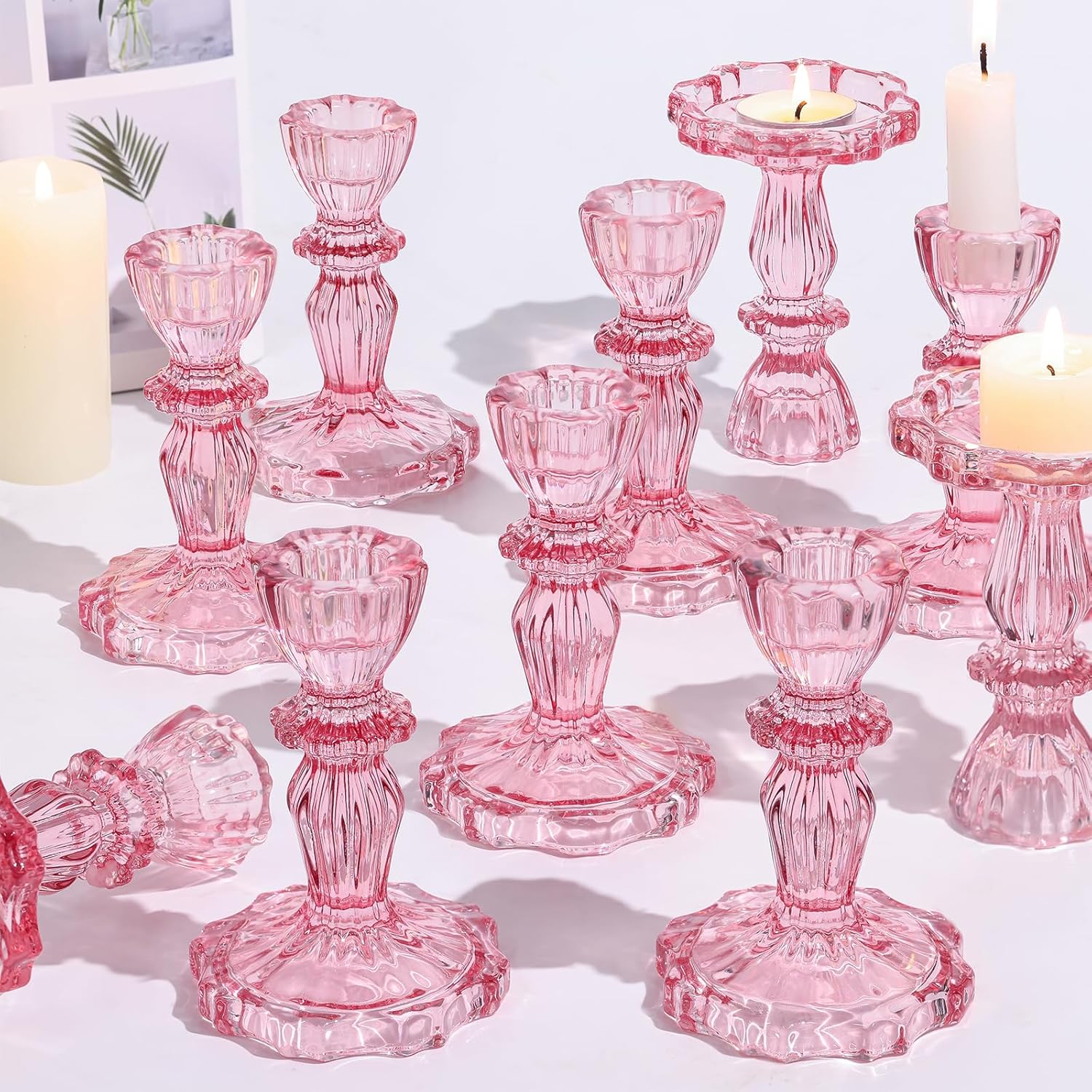 Taper Candle Holders, Candlestick Holders, Glass Candle Holder - Vintage Flower Design Candle Holders 12pcs