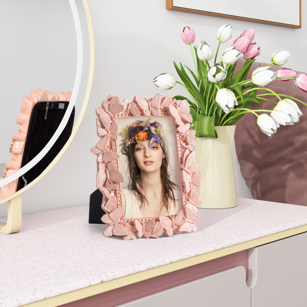 Picture Frame with High Tempered Glass, Butterfly Textured Hand-Crafted Resin Cute Photo Frame with Easel & Hook for Tabletop & Wall Display