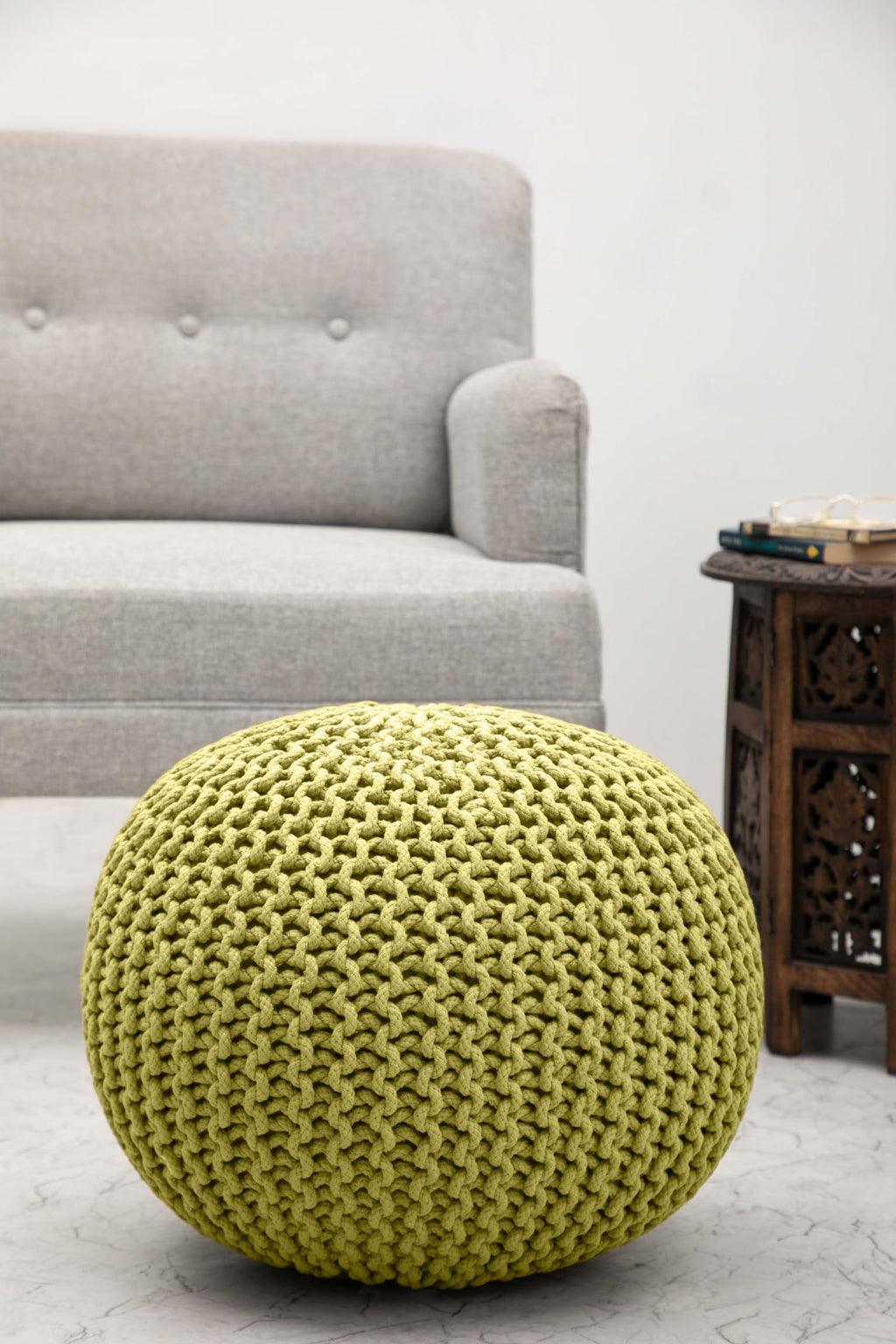 Hand-Knitted Cotton Round Pouf â€?Braid Cord Ottoman, Footrest, and Accent Seat for Living Room, Nursery, Kids Room, or Dorm Décor â€?20x14