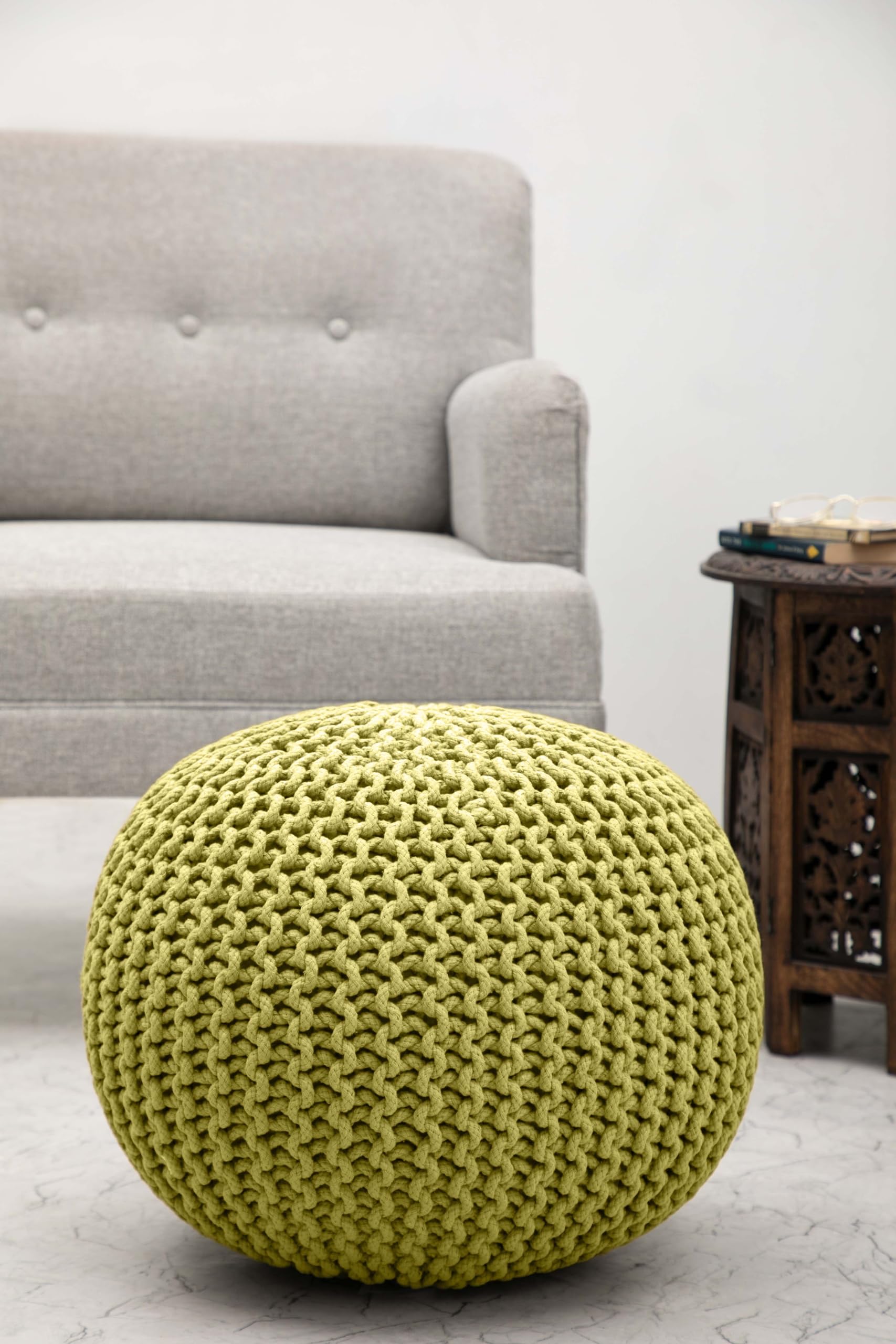 Hand-Knitted Cotton Round Pouf â€?Braid Cord Ottoman, Footrest, and Accent Seat for Living Room, Nursery, Kids Room, or Dorm Décor â€?20x14