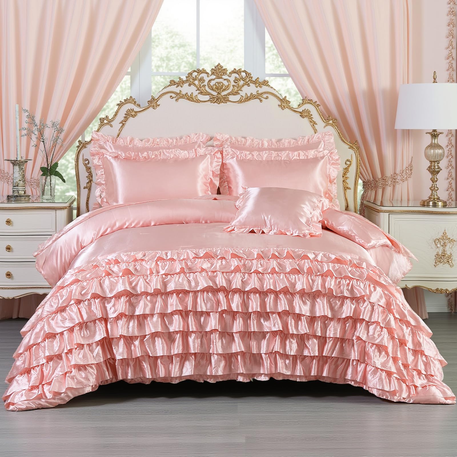 Ruffle Comforter Set 8 Pieces Satin Comforter Set with Sheet Set - Waterfall Ruffle Design Luxurious Silky Comforter Set