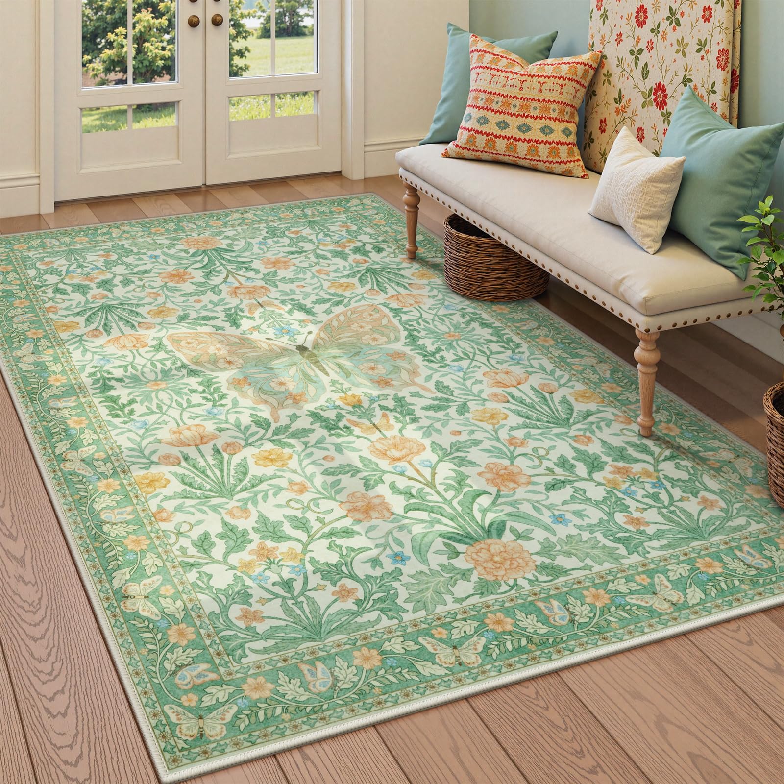Vintage Floral Rug for Girls Bedroom Washable Non Slip, Soft Ultra Thin Boho Insect Carpet