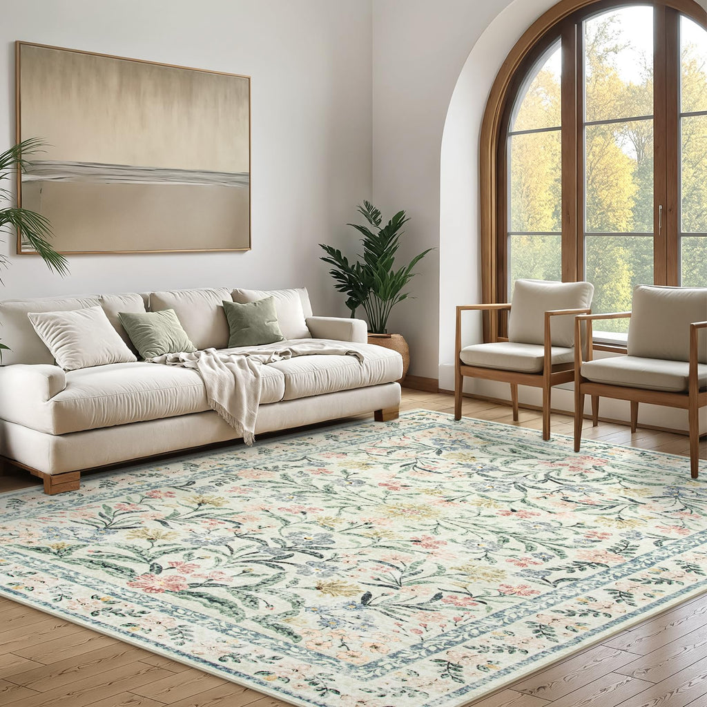 Machine Washable Boho Soft Floral Carpet Non Slip, Indoor Ultra-Thin Floor Carpet for Kid Room Living Room Dorm