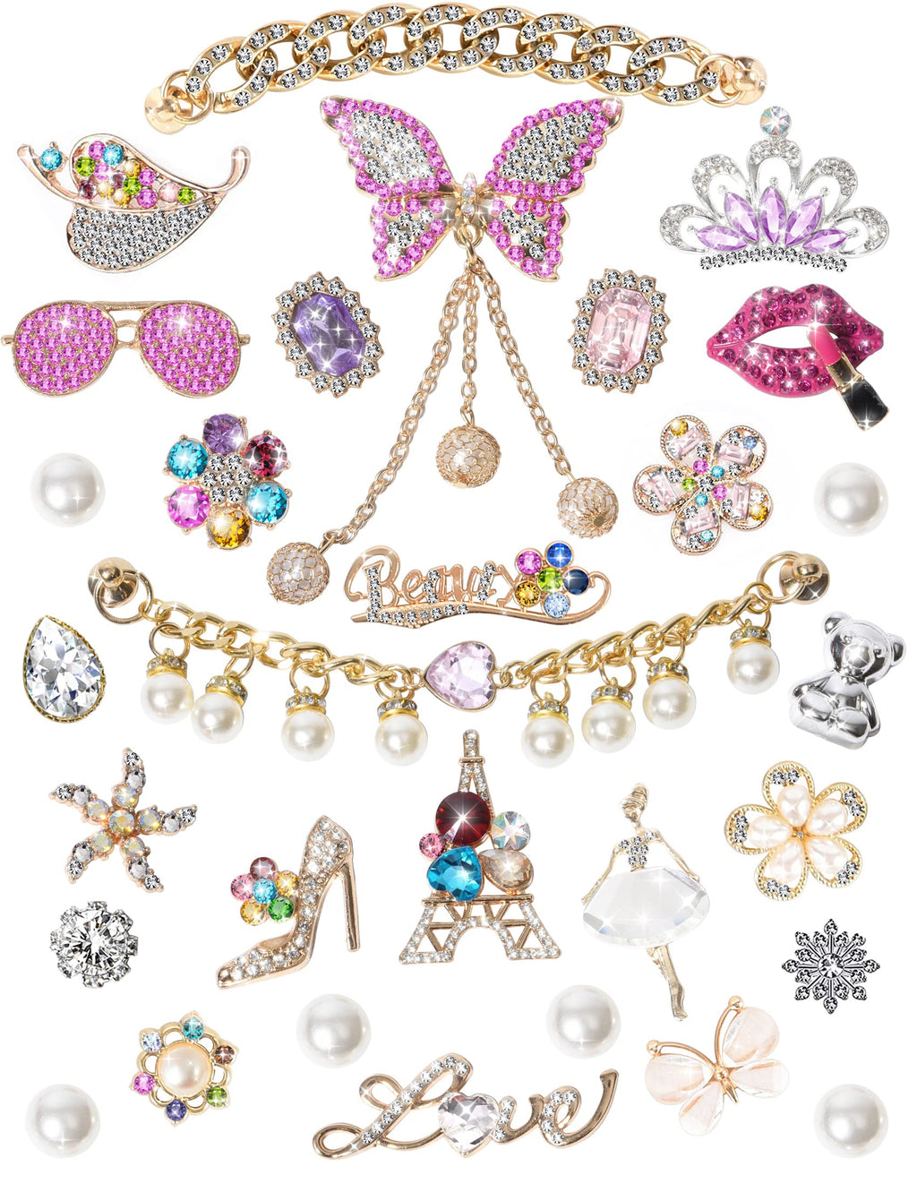 Girls 30 PCS Bling Shoe Charms, Luxury Rhinestone Jewelry Shoe Decoration and Chain for Clog Sandals Accessories