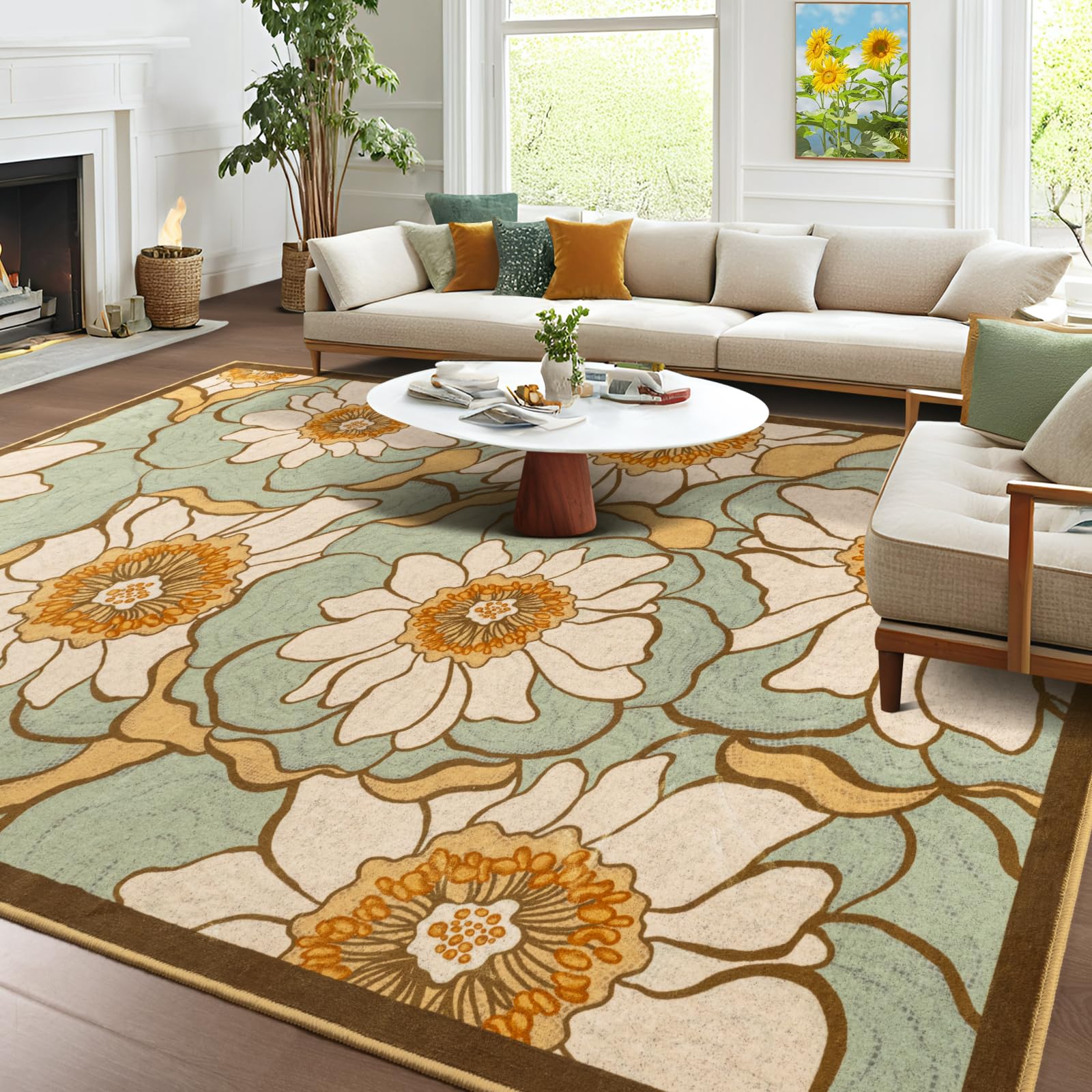 Faux Wool Boho Floral Area Rug Abstract Print Soft Carpet, TPR Non-Slip Backing, Machine Washable Low Pile Rug